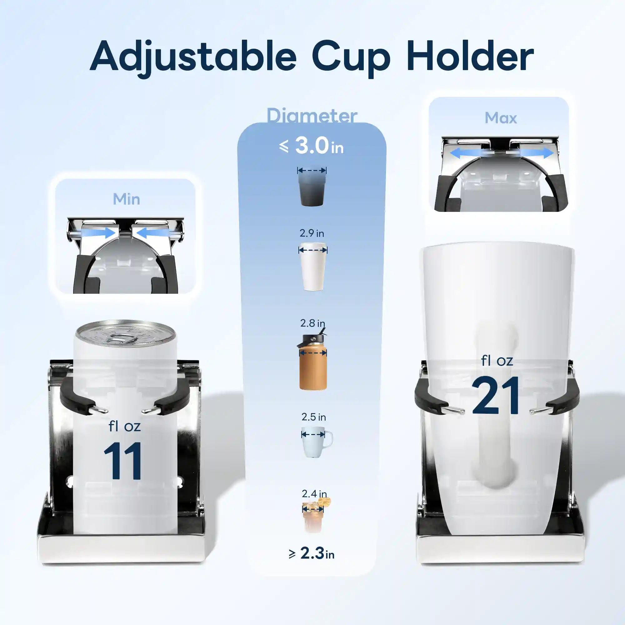 Marinexplore folding boat cup holder adjustable arm capacity diagram showing minimum position gripping an 11 fl oz small cup on the left and maximum position holding a 21 fl oz large cup on the right, with a center column listing five compatible cup diameters from 2.4 to 3.0 inches and a minimum fitting size of 2.3 inches.
