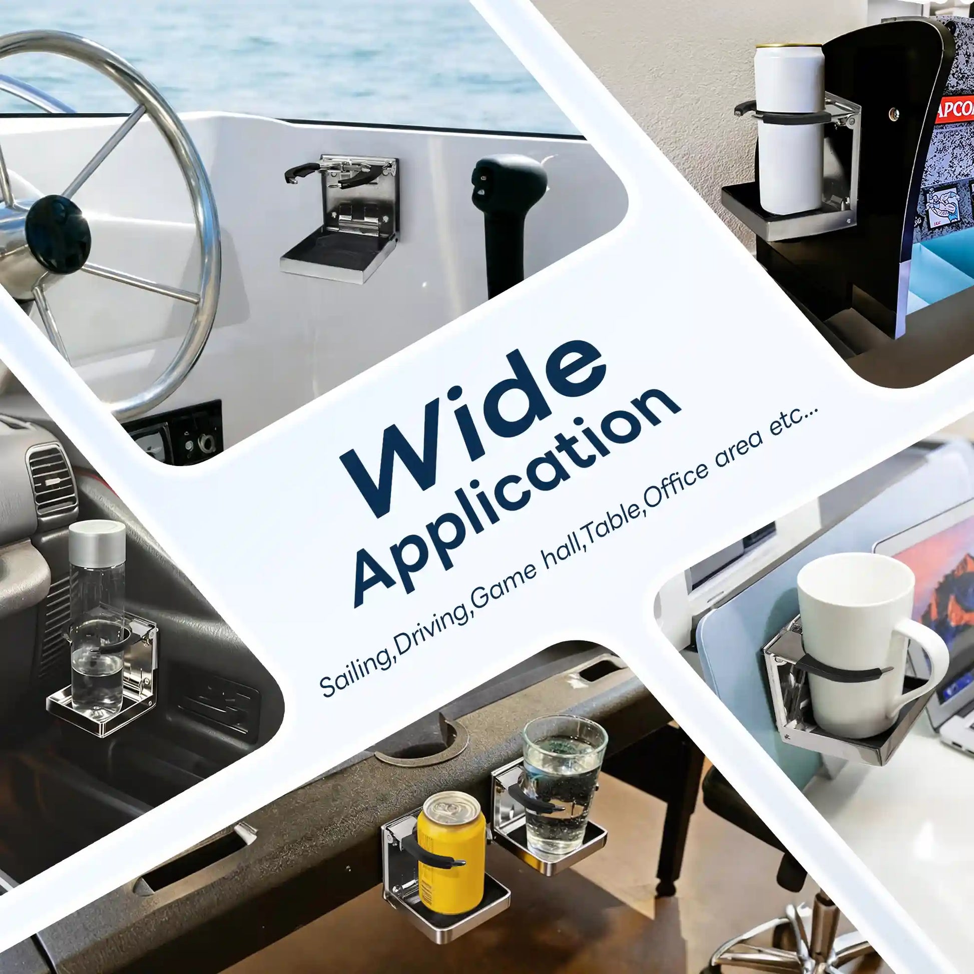 Four real-world application scenes for Marinexplore chrome folding boat cup holder arranged in a diamond layout: top left shows the holder folded flat on a yacht helm panel, top right shows it holding a white cup next to gaming arcade equipment, bottom left shows it clamped to a car interior holding a water bottle, and bottom right shows two units on a table edge holding a yellow can and a glass of water.