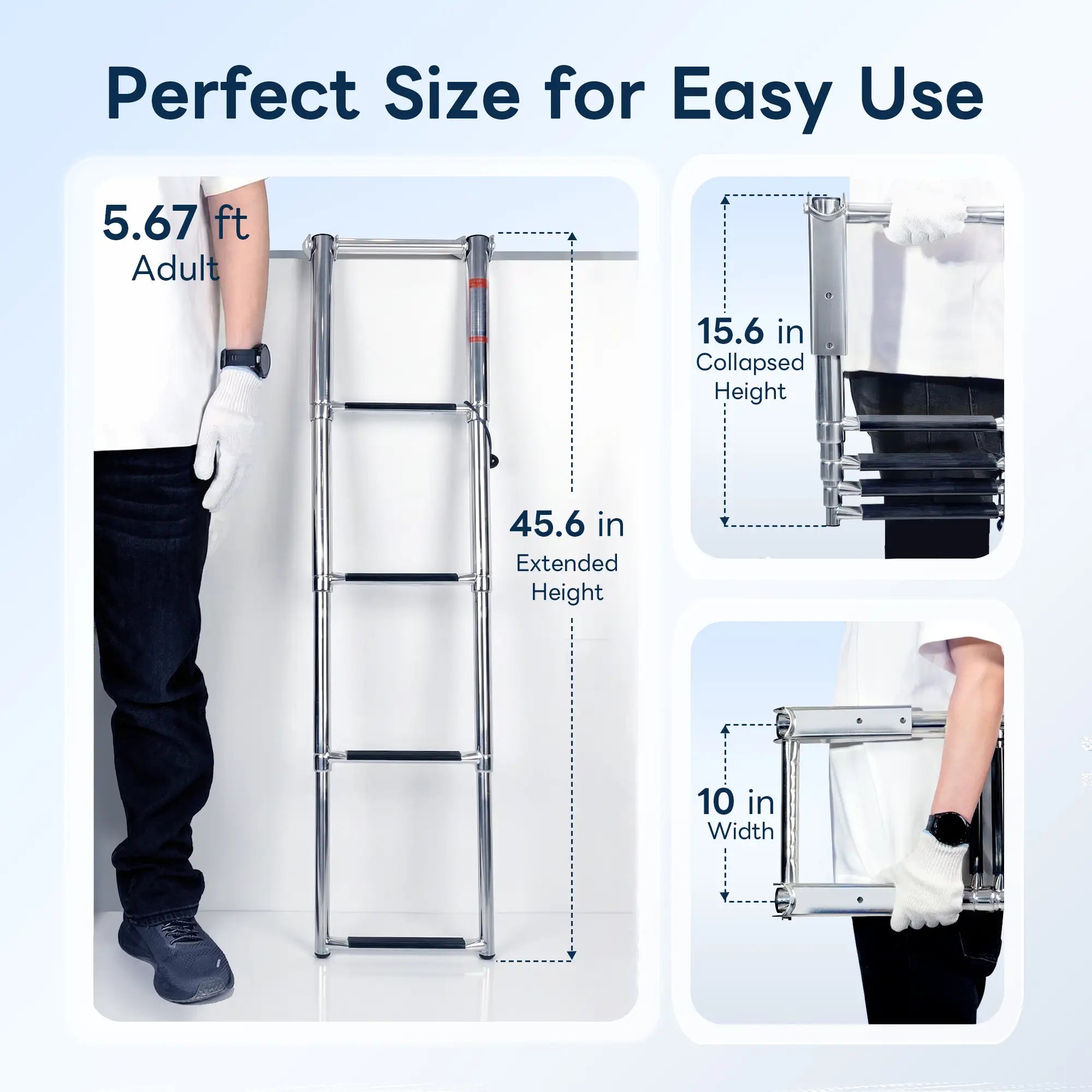 Marinexplore 4-step folding boat ladder dimensions: 45.6-inch extended height, 15.6-inch collapsed height, 10-inch width, compared next to an adult for scale with close-up of folded position.