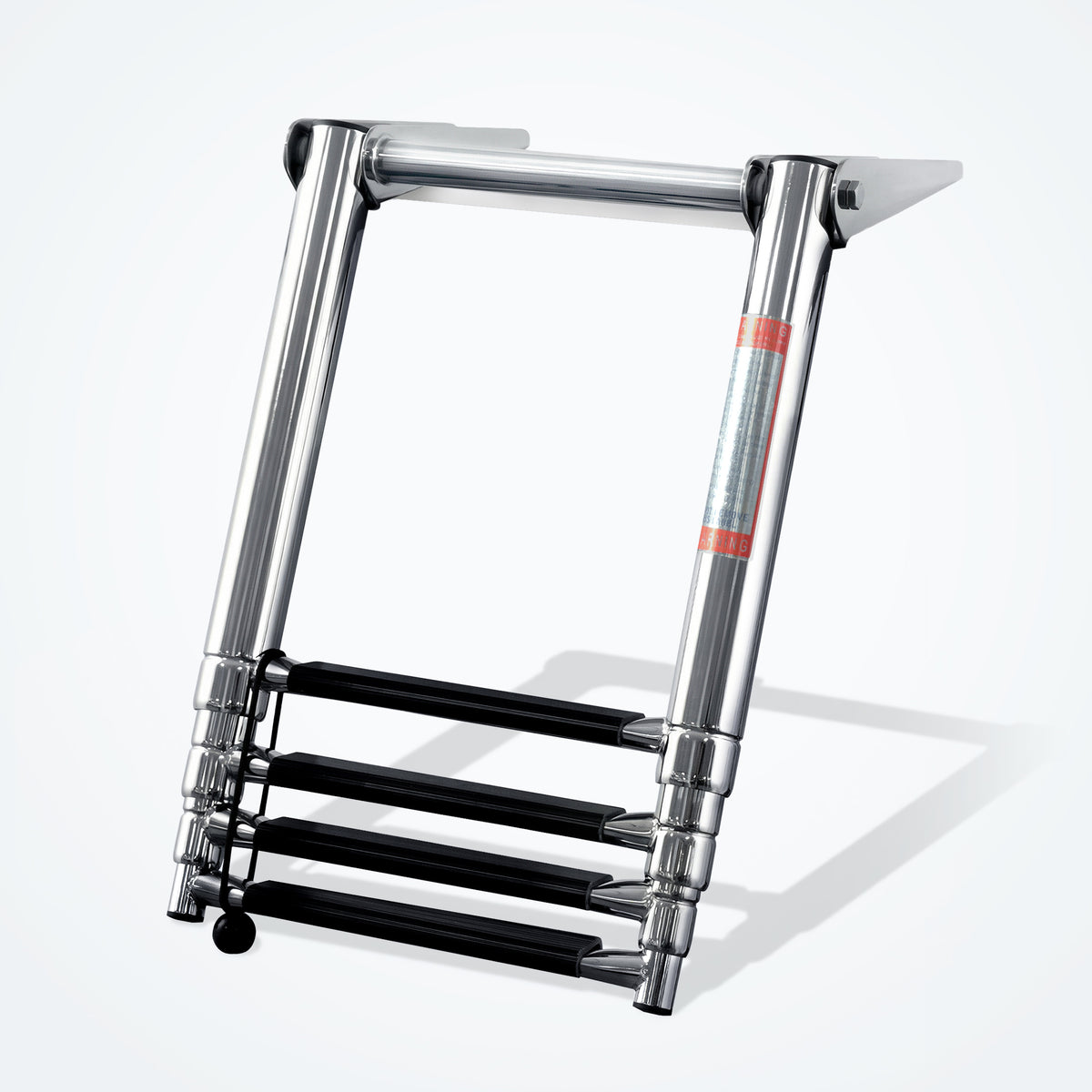 Marinexplore 4-step folding boat ladder with built-in top handrail, polished marine-grade stainless steel frame and black anti-slip steps, mounted beneath swim platform, angled view.