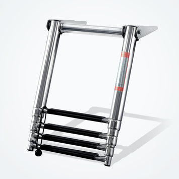 Marinexplore 4-step folding boat ladder with built-in top handrail, polished marine-grade stainless steel frame and black anti-slip steps, mounted beneath swim platform, angled view.