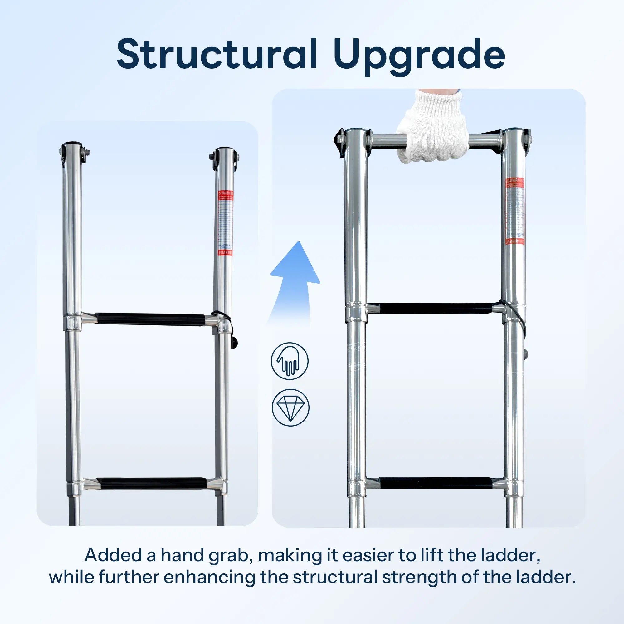 Side-by-side comparison of Marinexplore 4-step folding boat ladder showing structural upgrade: new version features an added top hand grab bar for easier lifting and enhanced structural strength.