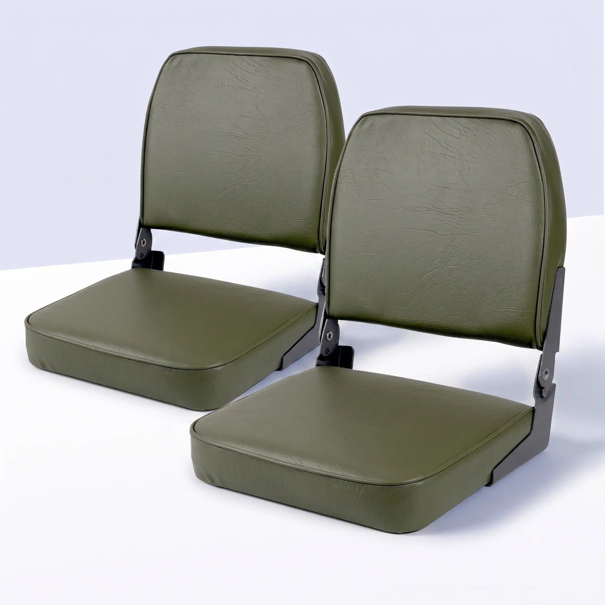 Marinexplore 2-pack low back folding fishing boat seats in army green vinyl with black metal hinges.
