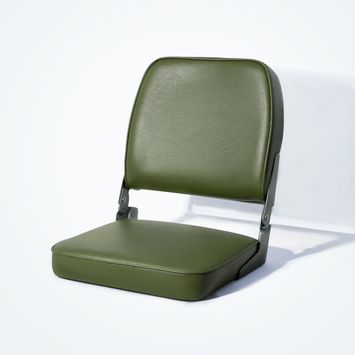 Marinexplore folding fishing boat seats in army green vinyl with black metal hinges.