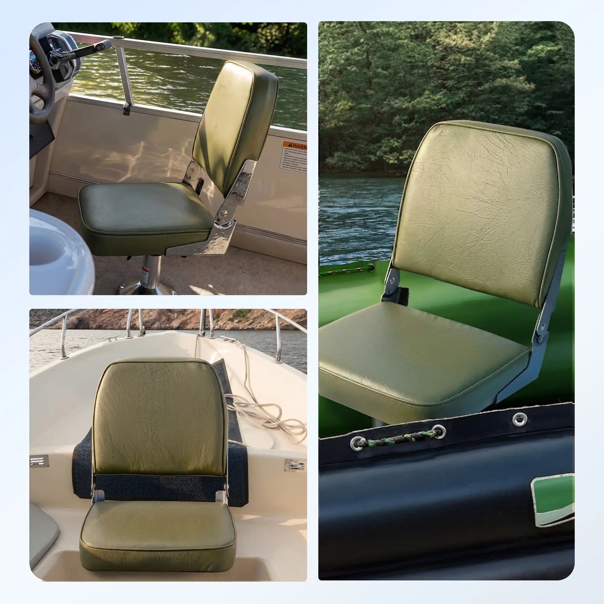 Three-photo collage showing the Marinexplore fold-down military green marine seat installed on different watercraft, including a pontoon boat, a bass fishing boat, and an inflatable dinghy.