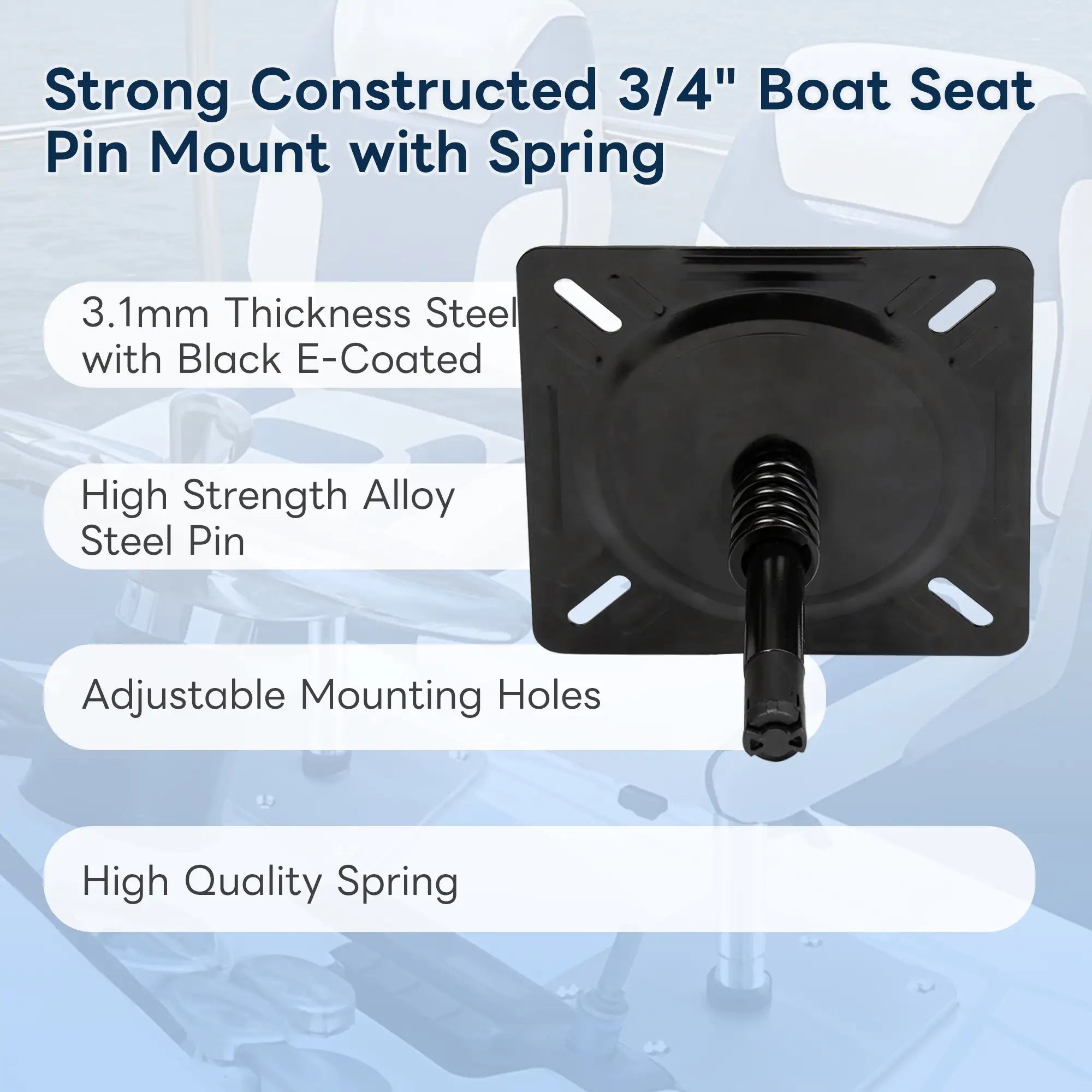 Bottom close-up view of the Marinexplore boat seat mount highlighting its 3.1mm black E-coated galvanized steel, high-strength alloy pin, and adjustable mounting holes.