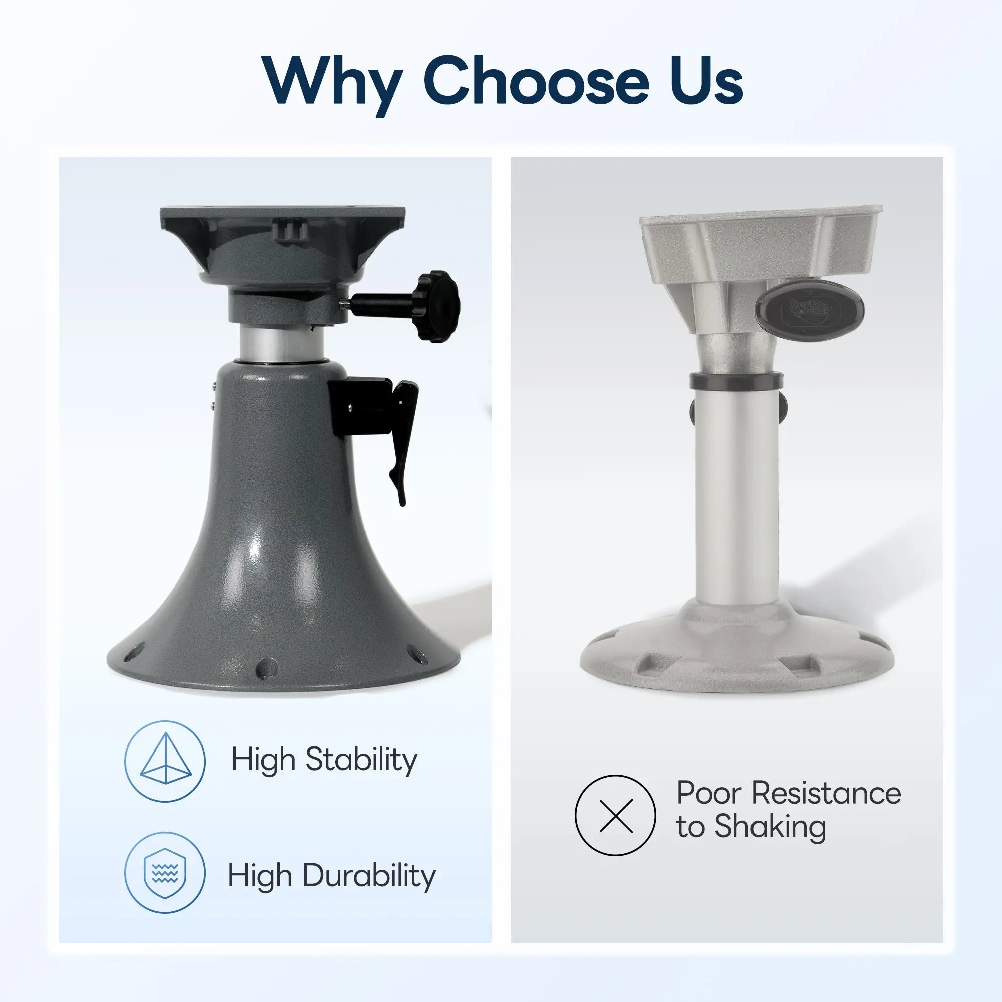 A comparison chart highlighting the high stability and durability of the Marinexplore heavy-duty bell pedestal versus a standard unstable boat seat base that has poor resistance to shaking.