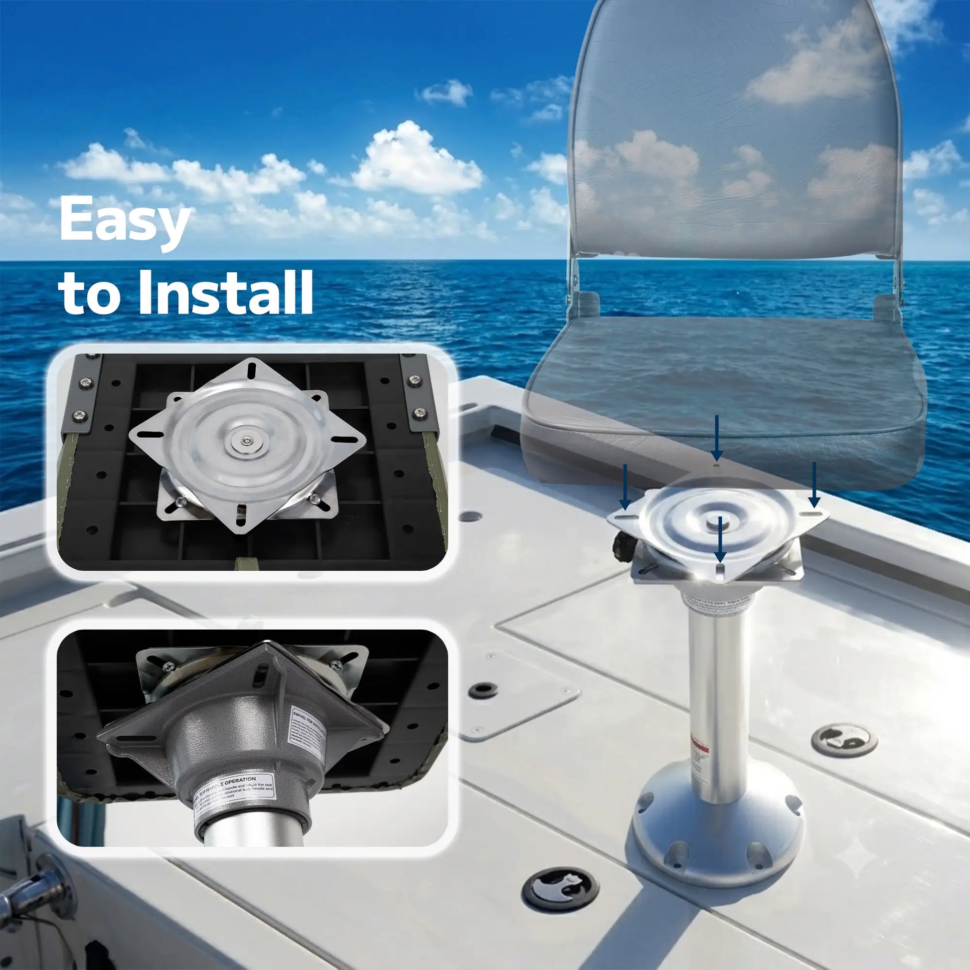 Easy installation guide showing how to mount the marinexplore stainless steel swivel base to a boat seat and pedestal on a boat deck.