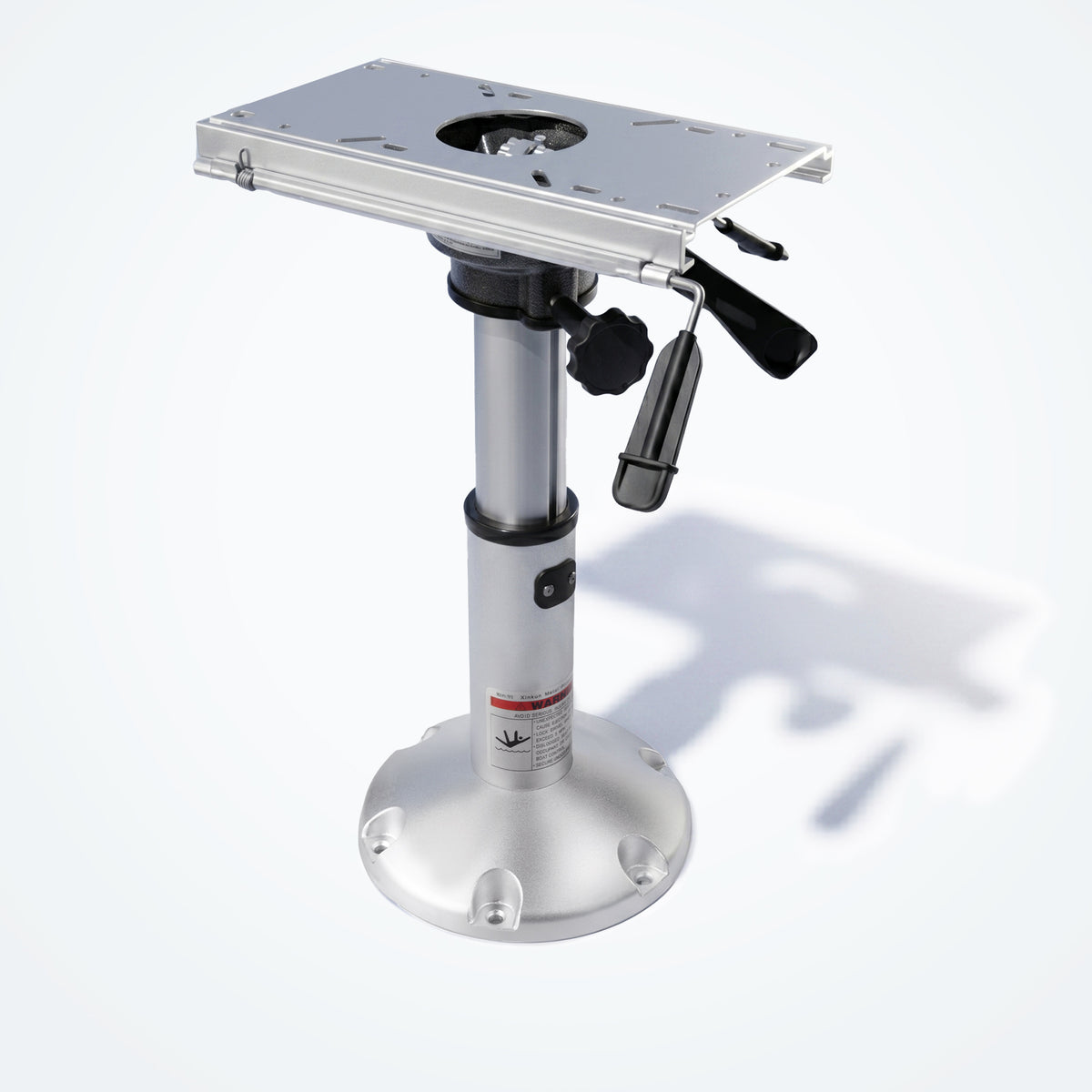 Marinexplore silver gas lift boat seat pedestal featuring an integrated sliding mount top plate and heavy duty marine grade aluminum base.