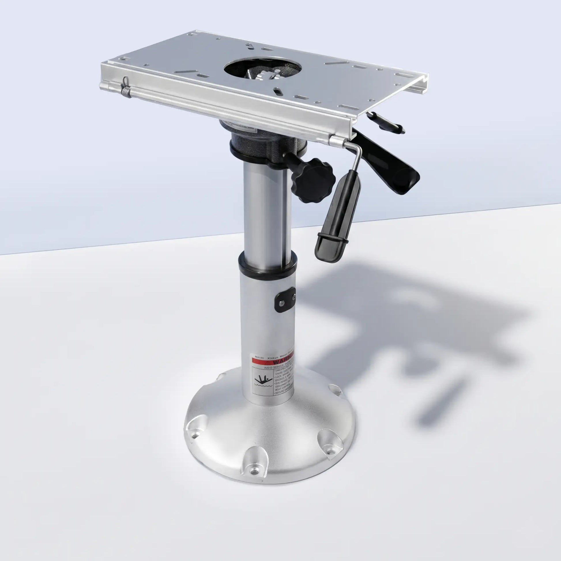 Marinexplore silver gas lift boat seat pedestal featuring an integrated sliding mount top plate and heavy duty marine grade aluminum base.