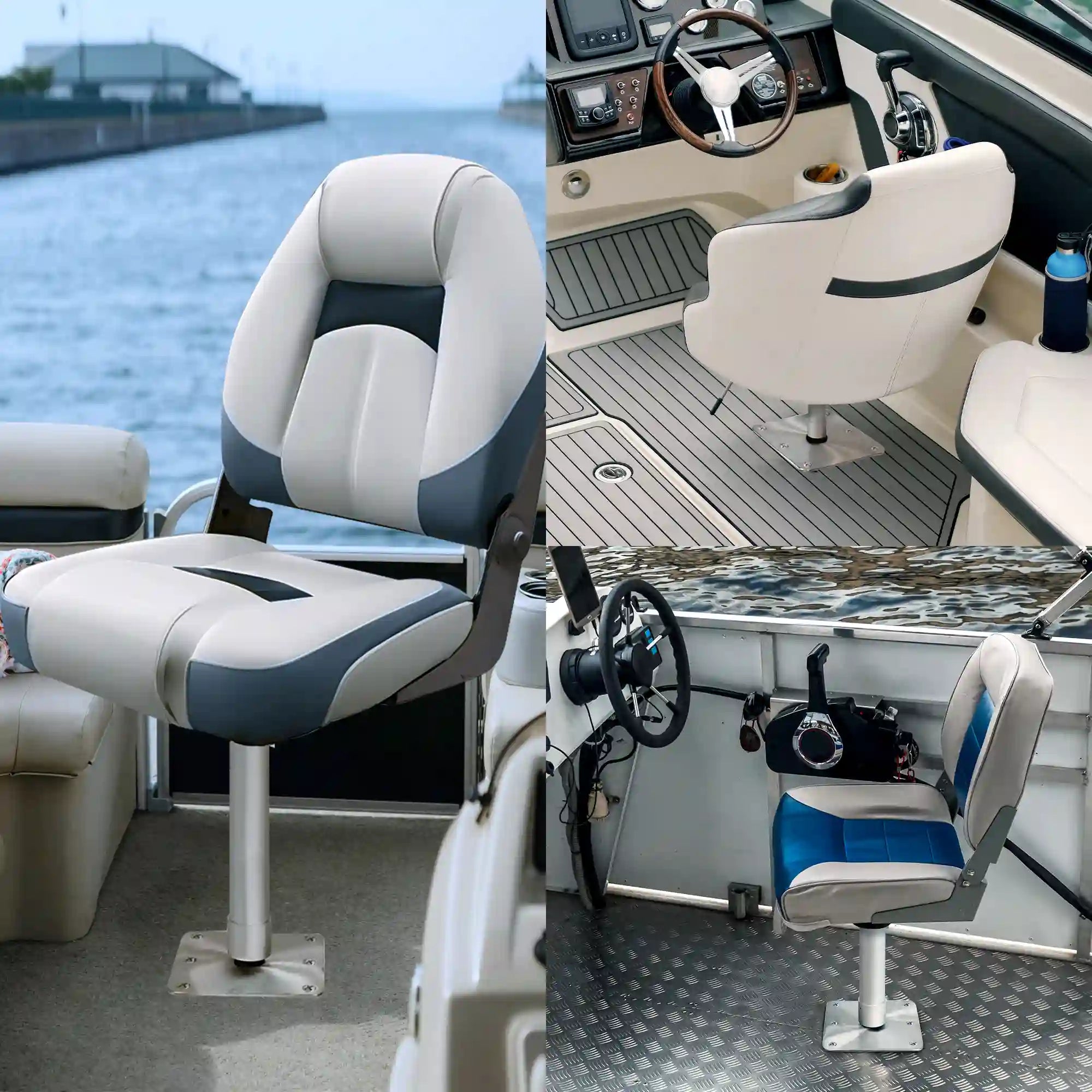 A collage of white marine helm chairs installed on various decks using the stable marinexplore stainless steel seat base to reduce wobble in rough water.