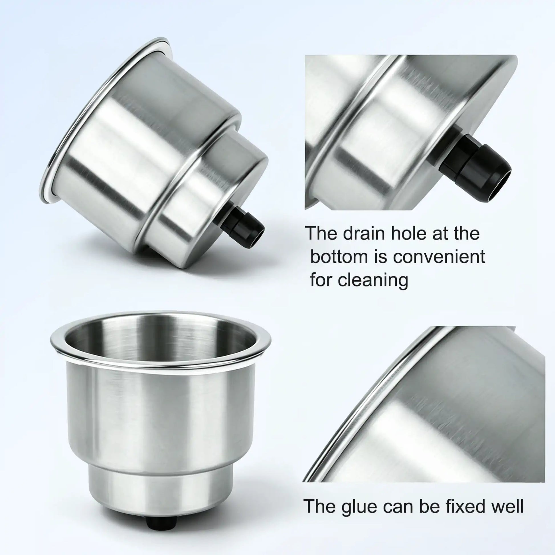 Marinexplore stainless steel cup holder insert bottom view highlighting drain hole and rolled rim edge.