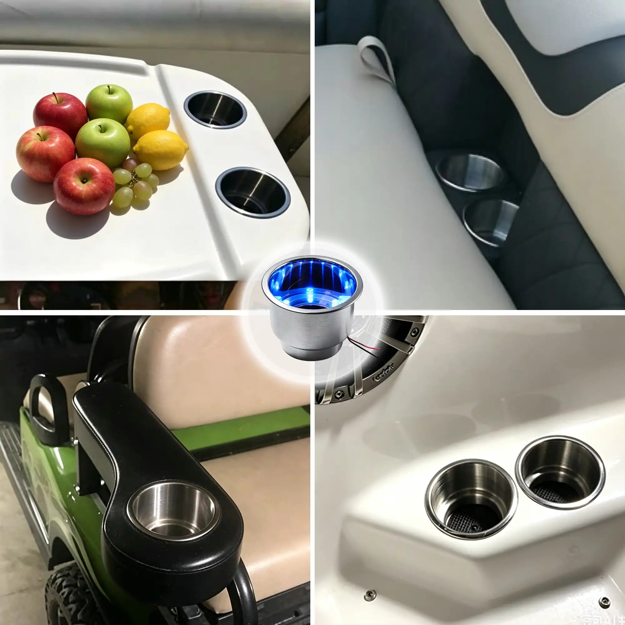 Marinexplore LED cup holder inserts installed in boat console, armrest, and golf cart with drinks.