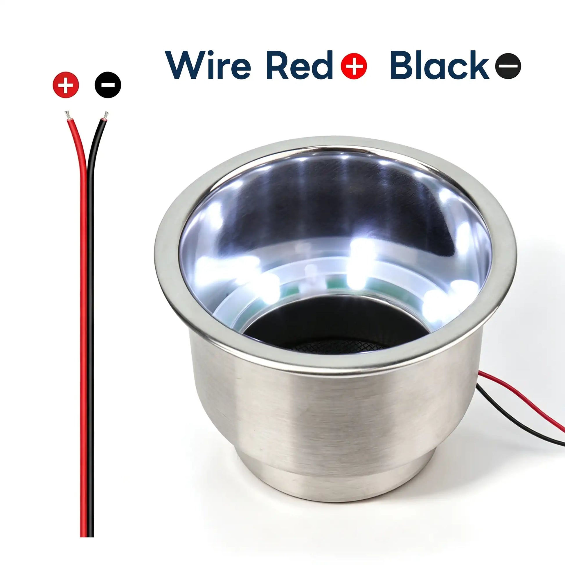 Wiring diagram showing red positive and black negative leads for Marinexplore LED cup holder insert.