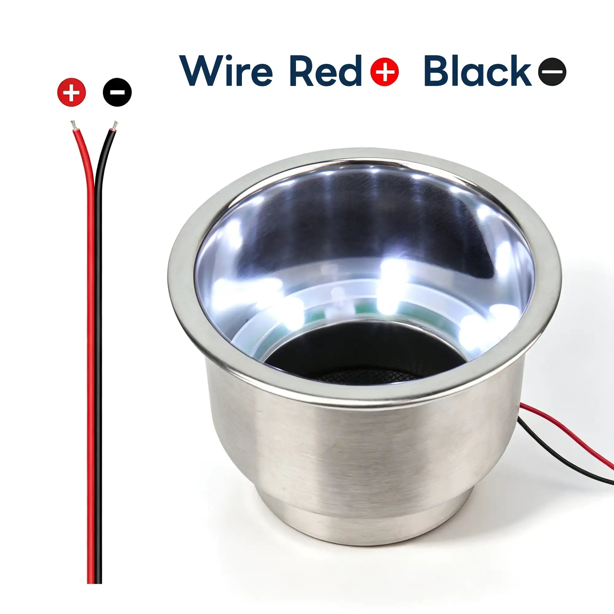 Wiring diagram showing red positive and black negative leads for Marinexplore LED cup holder insert.