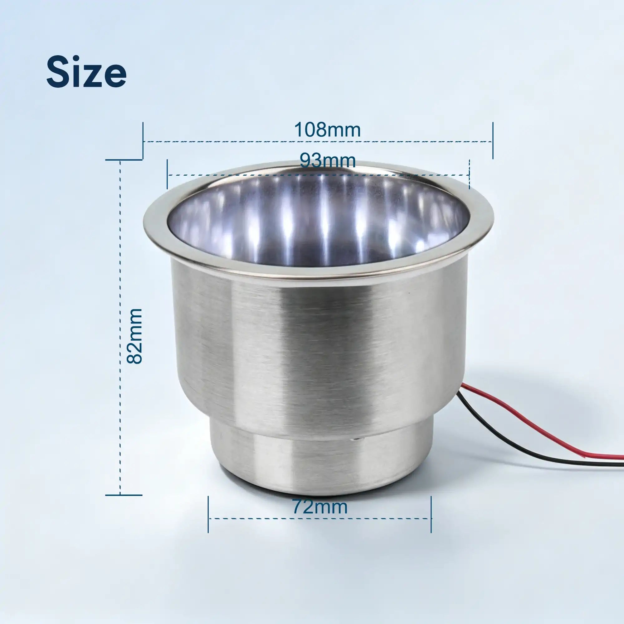 Marinexplore stainless steel boat cup holder insert with labeled size dimensions in millimeters.