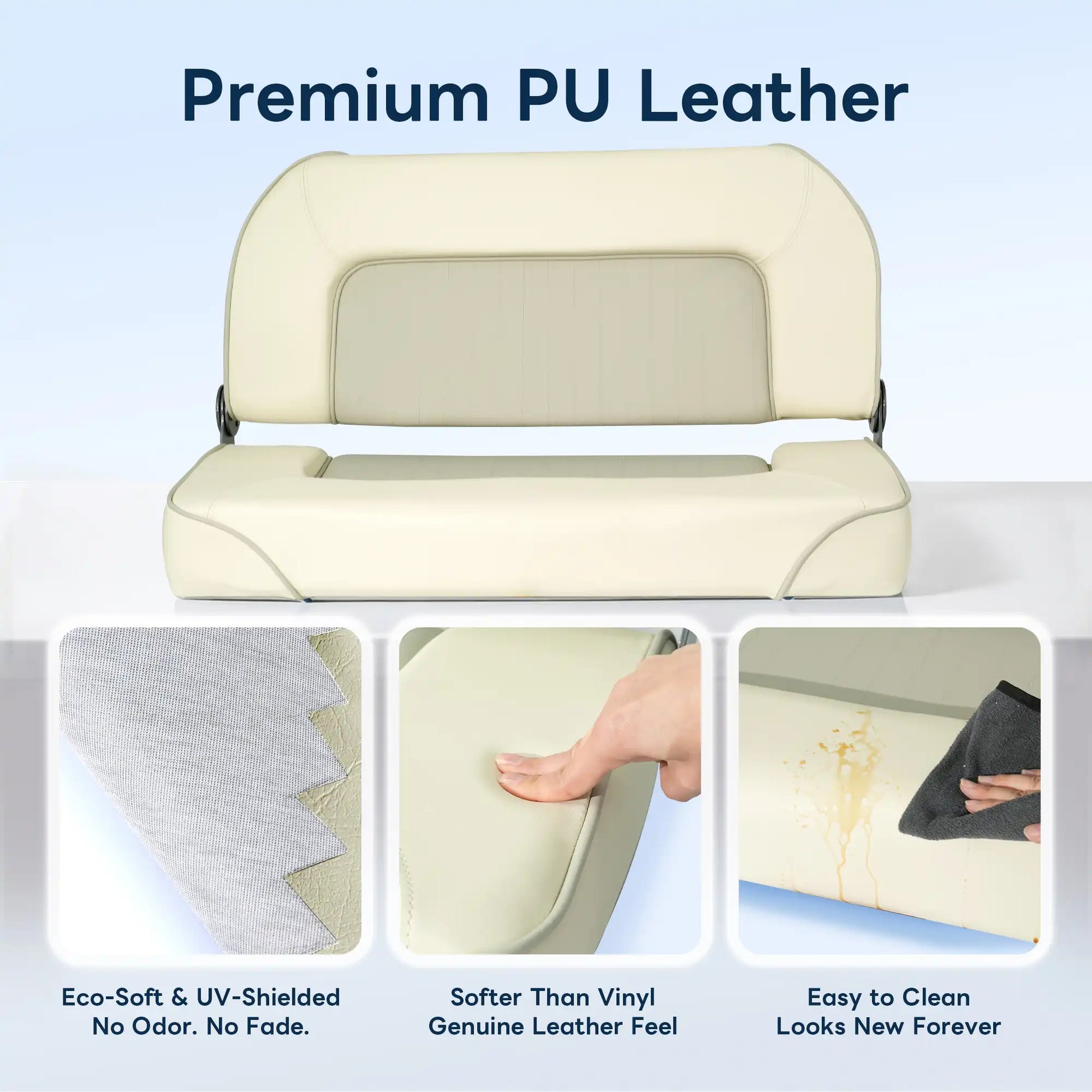 Close-up of marine-grade PU leather bench seat, highlighting water-resistant, fade-proof, and easy-to-clean material.