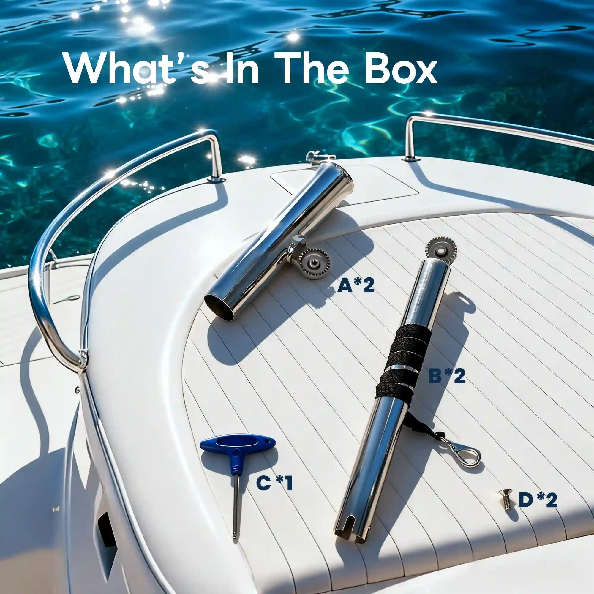 Marinexplore outrigger rod holder kit laid out on a boat deck with brackets, tubes, key, and screws.