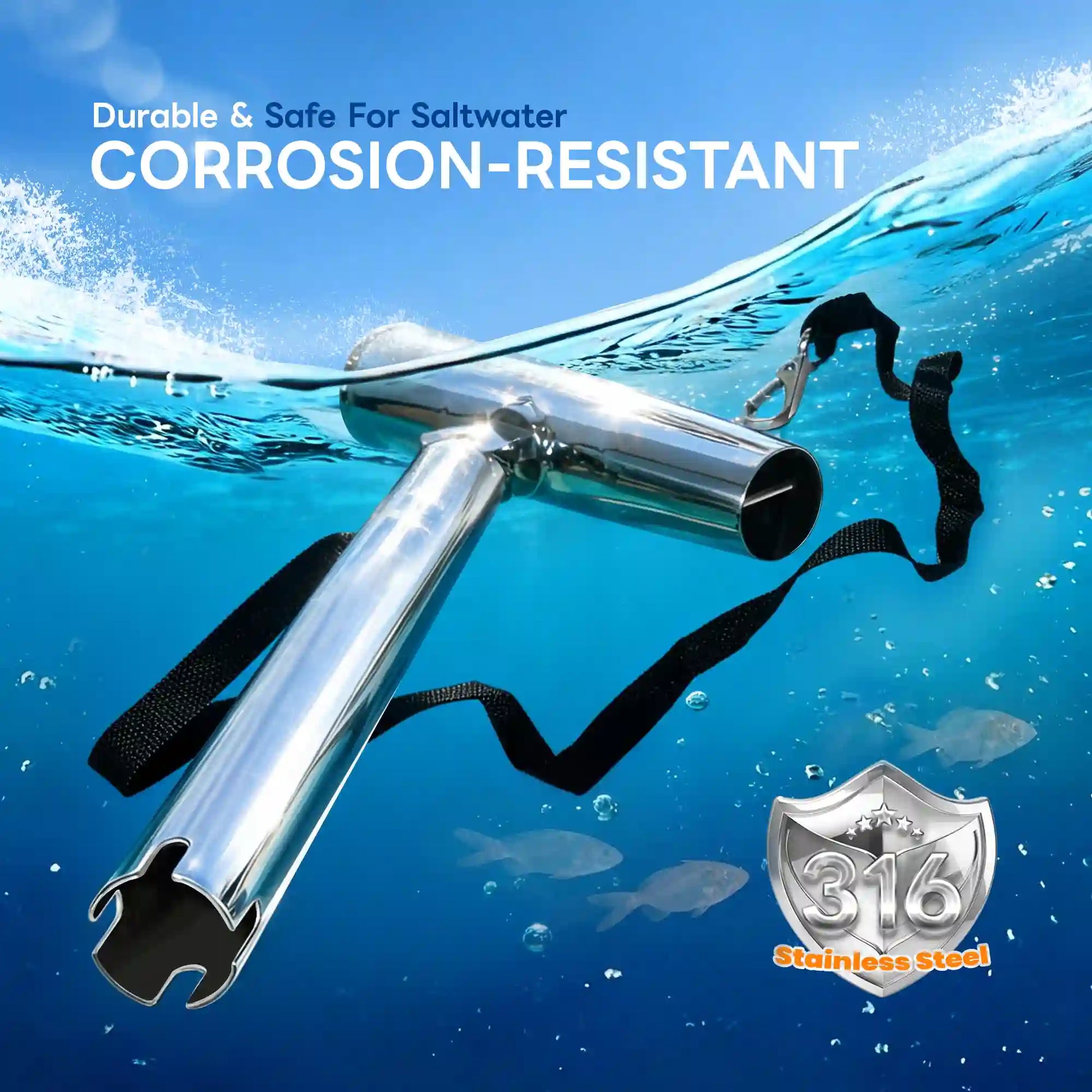 Marinexplore outrigger rod holder submerged in saltwater showing its 316 stainless steel construction.