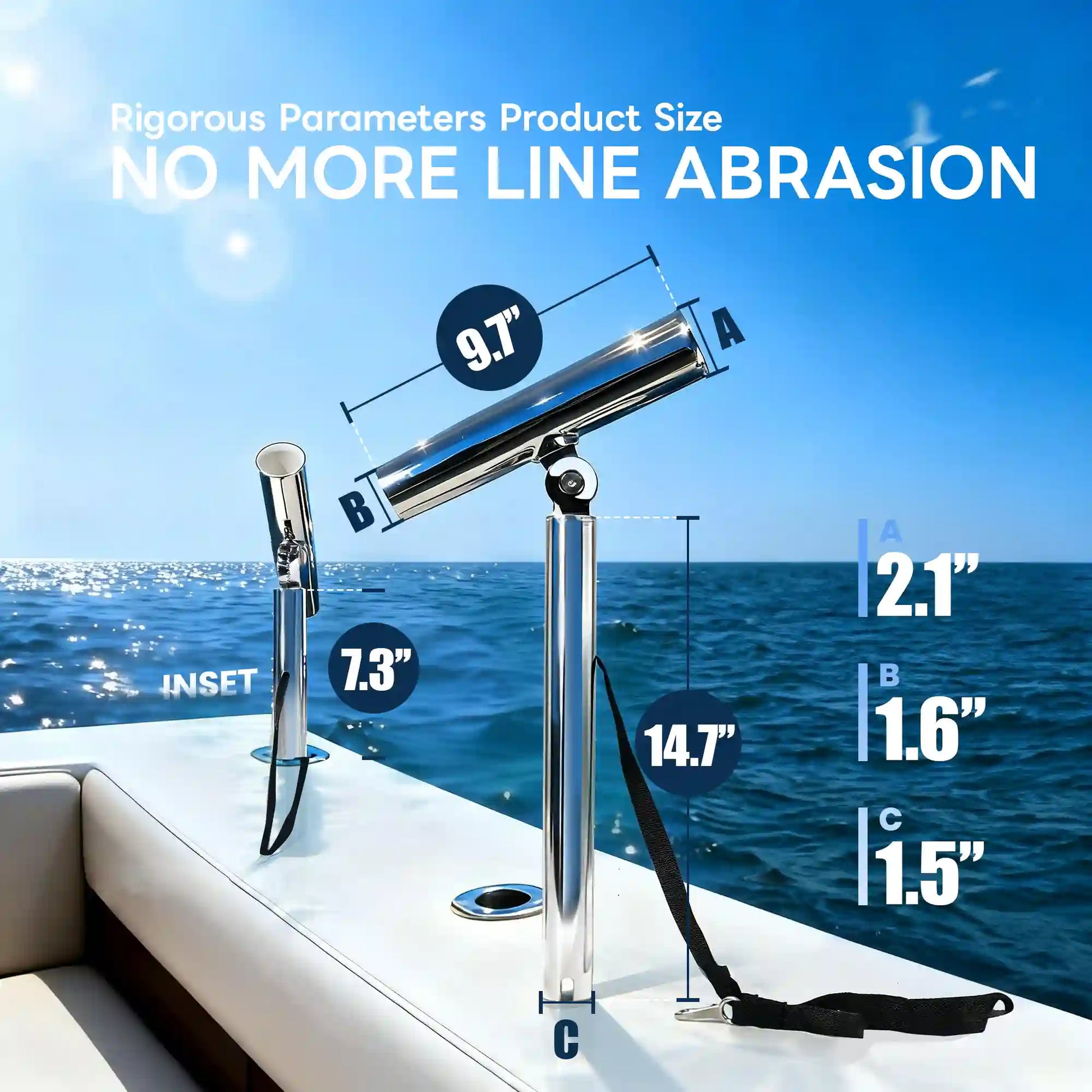 Dimension chart of Marinexplore outrigger rod holders mounted on a boat gunnel with measurements labeled.