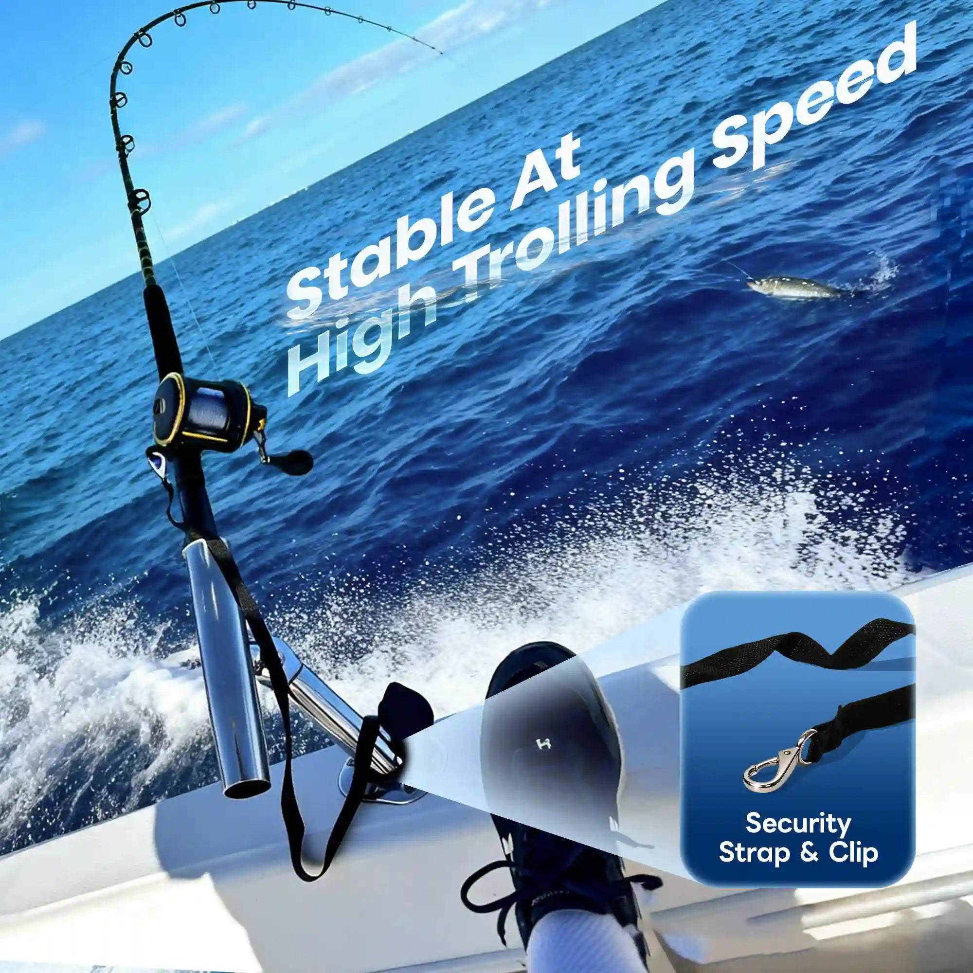 Fishing rod secured in a Marinexplore outrigger holder with a nylon safety strap during high speed trolling.