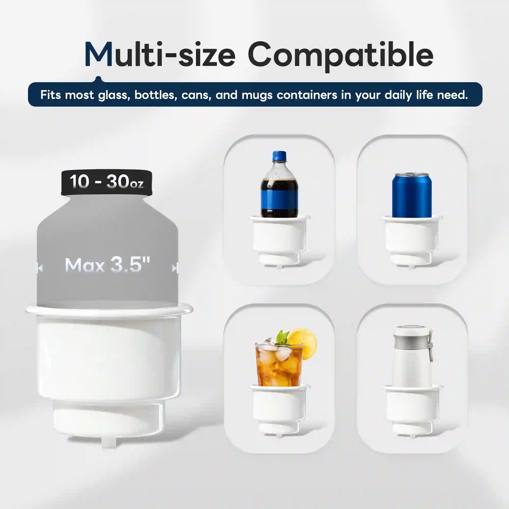 Marinexplore white plastic boat cup holder insert compatibility chart showing the 3.5-inch maximum inner diameter and 10-to-30-ounce capacity range on the left, alongside four inset images on the right demonstrating it holding a dark plastic soda bottle, a tall blue aluminum can, an iced lemon tea glass, and a white insulated thermos.
