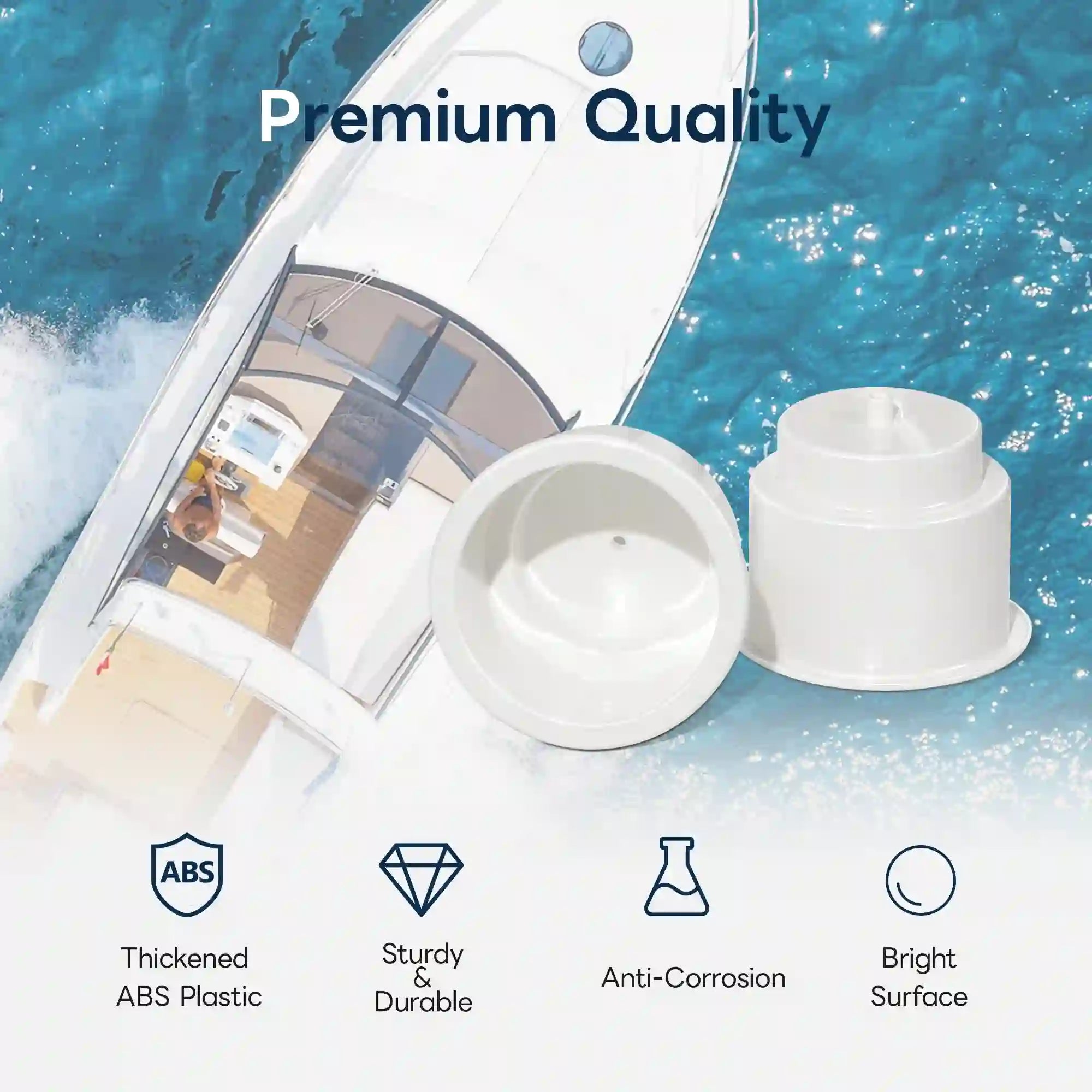 Marinexplore white plastic boat cup holder insert premium quality image set against an aerial view of a white yacht cruising through blue ocean water, with two inserts displayed in the foreground showing the top opening and inverted base, and four quality icons at the bottom highlighting thickened ABS plastic construction, sturdy and durable build, anti-corrosion properties, and a bright smooth surface finish.
