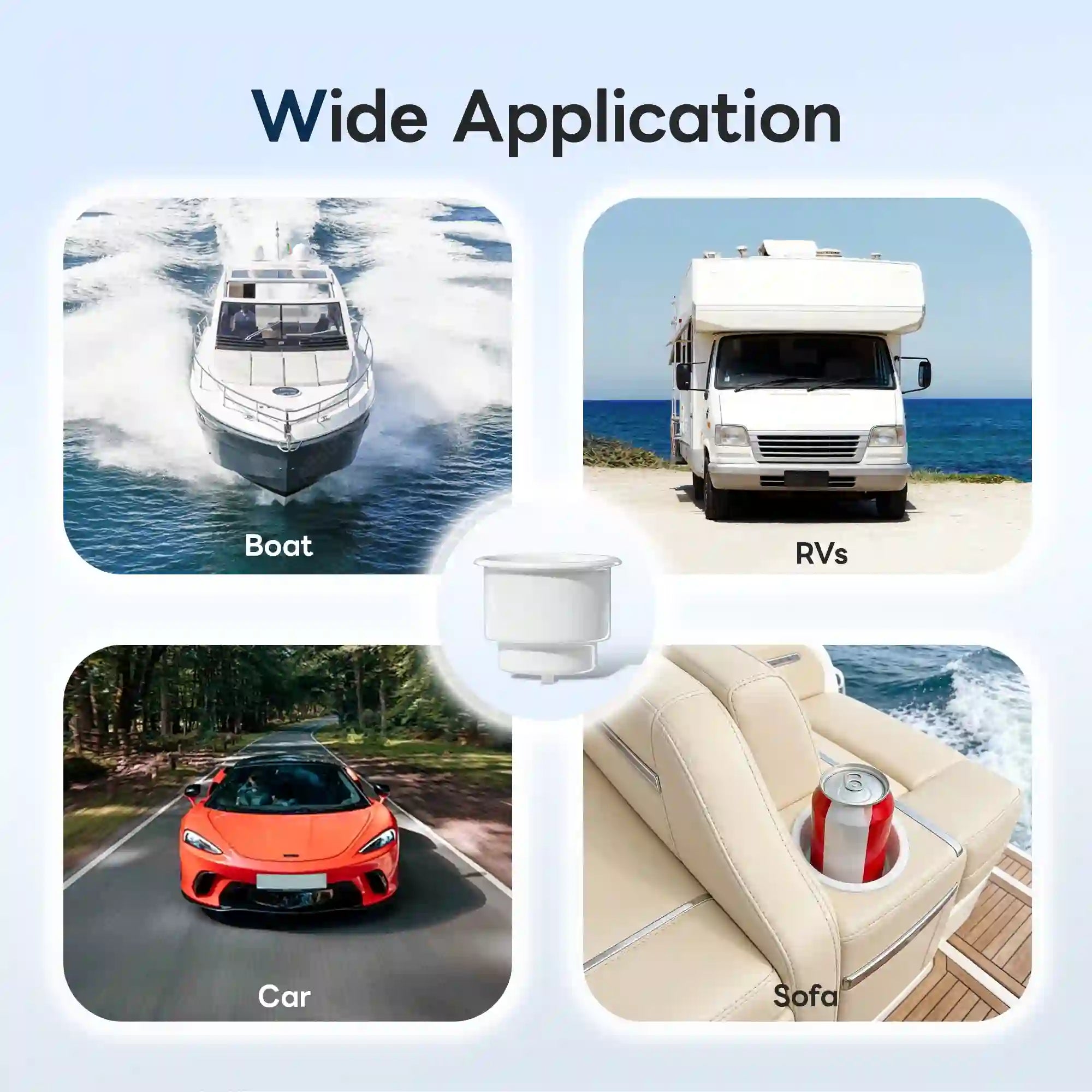 Marinexplore white plastic boat cup holder insert shown in four real-world application settings: a white speedboat racing across open water labeled Boat, a white RV parked by a coastal road labeled RVs, a red sports car driving through a forest road labeled Car, and a red soda can held in the insert embedded in a white leather yacht sofa armrest labeled Sofa.