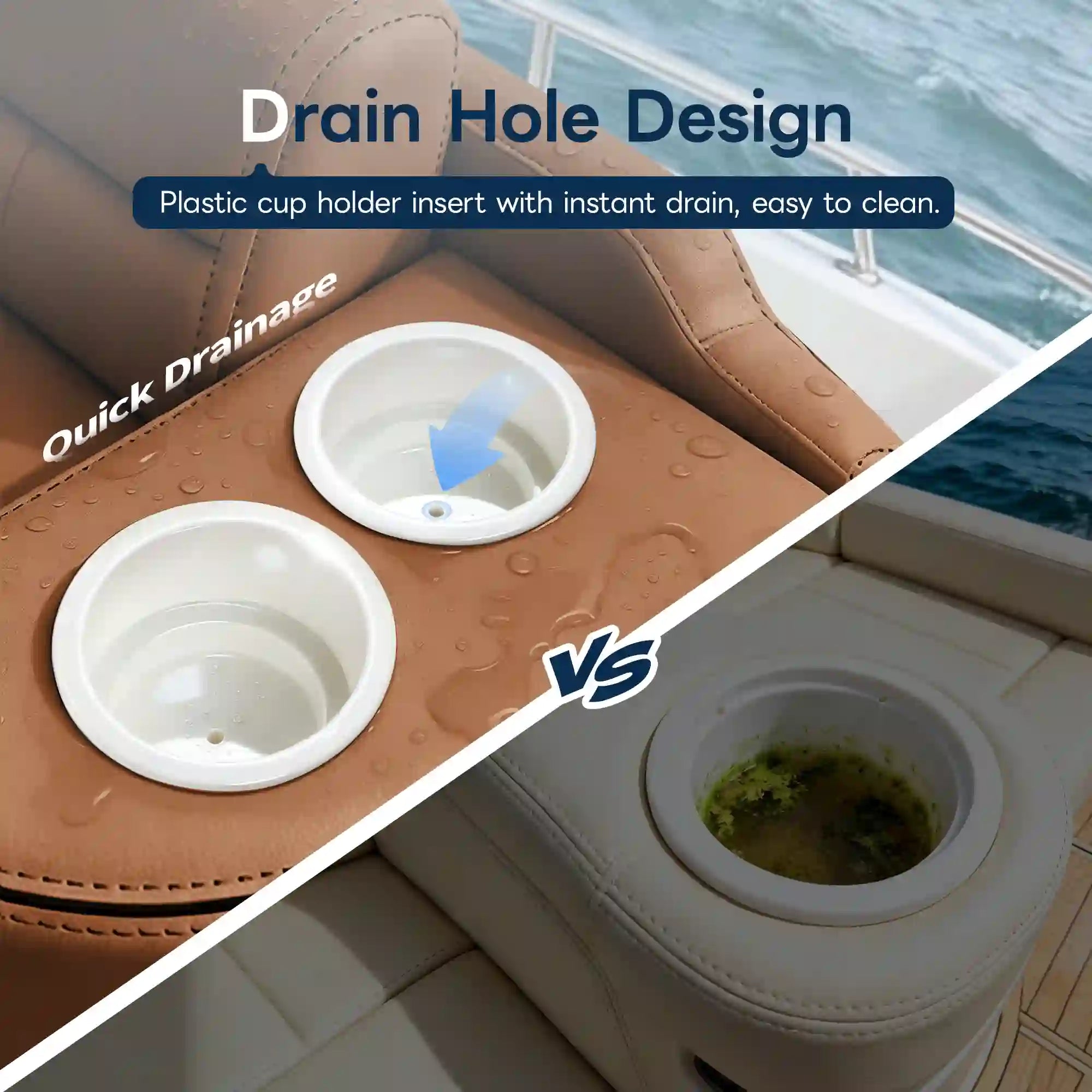 Drain hole comparison for Marinexplore white plastic boat cup holder insert: the top half shows two inserts flush-mounted in a brown leather pontoon seat armrest with a blue arrow pointing to the bottom drain hole for quick water drainage, while the bottom half shows a competitor insert without a drain hole filled with stagnant green-tinted water and mold buildup.
