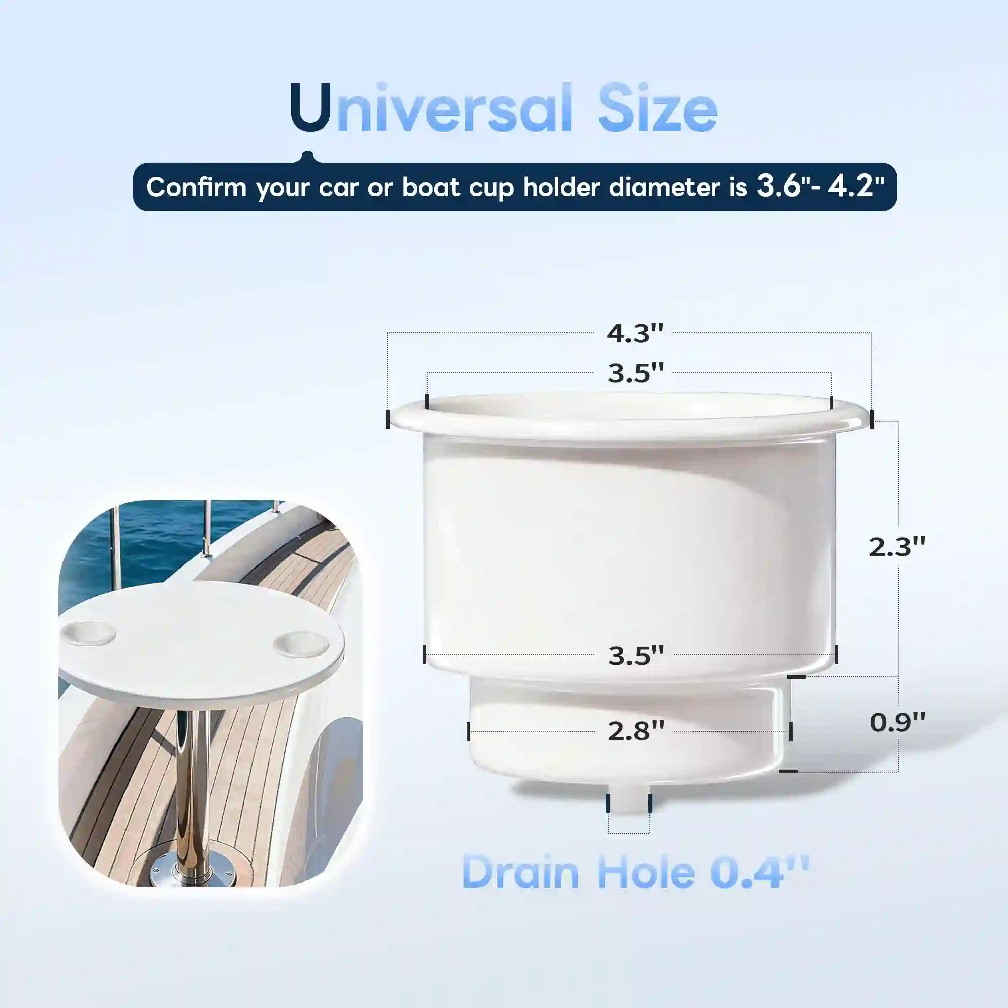 Marinexplore white plastic boat cup holder insert size diagram showing outer rim diameter of 4.3 inches, inner opening of 3.5 inches, body height of 2.3 inches, lower base diameter of 2.8 inches, base height of 0.9 inches, and drain hole of 0.4 inches, with an inset photo of two inserts installed flush in a white yacht deck table, and a note confirming compatibility with cup holder holes measuring 3.6 to 4.2 inches.