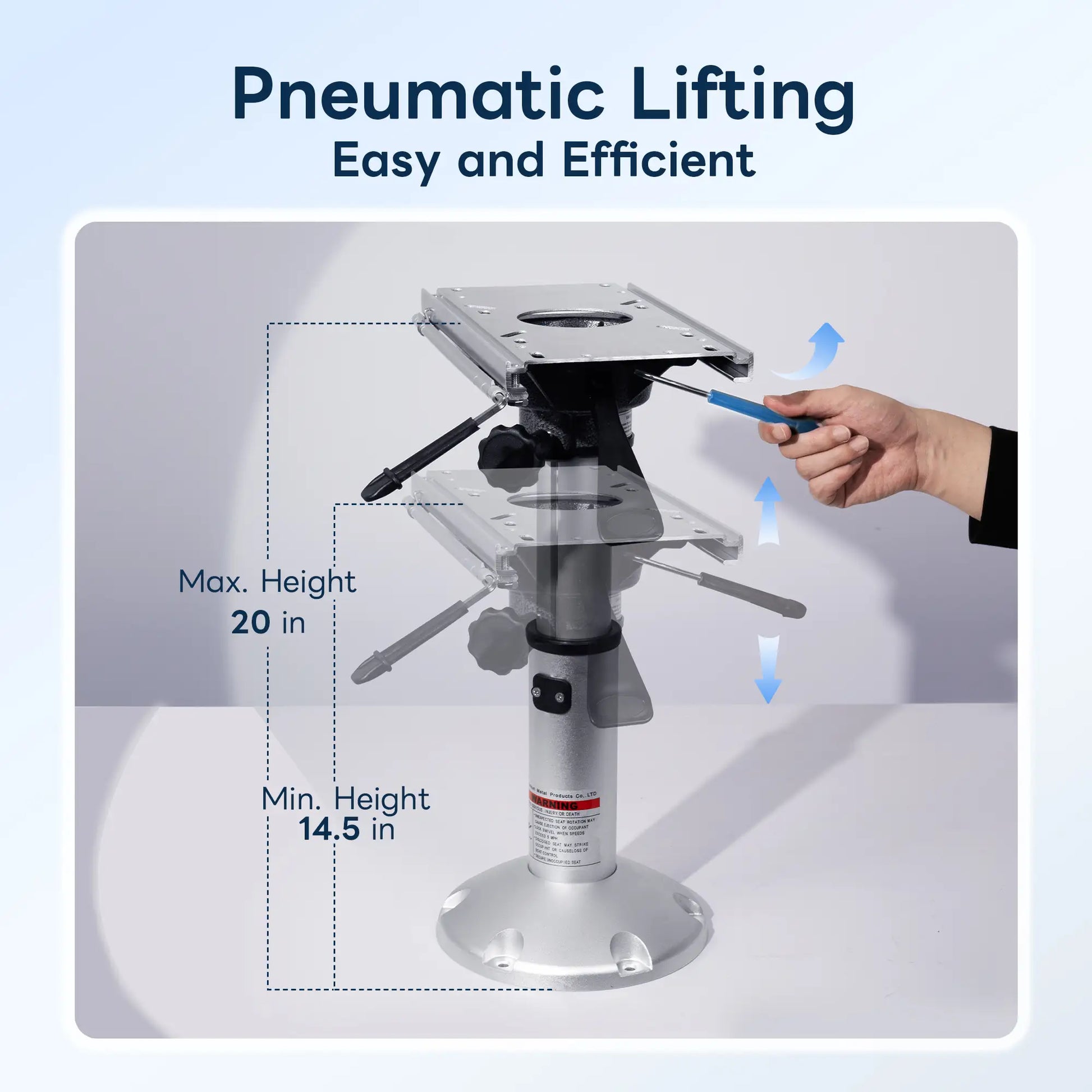 Demonstration of the smooth pneumatic gas lift mechanism adjusting the boat seat pedestal height from a minimum of 14.5 inches to a maximum of 20 inches.
