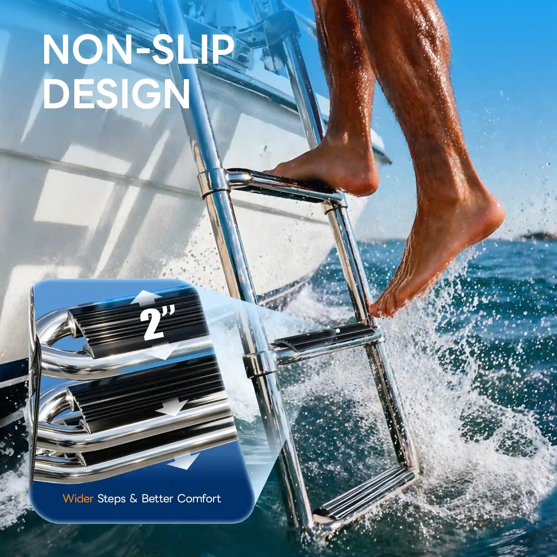 Bare feet stepping on Marinexplore 4-step pontoon boat ladder in splashing ocean water, with close-up inset showing 2-inch wide ribbed non-slip vinyl step for enhanced grip and comfort in wet conditions.