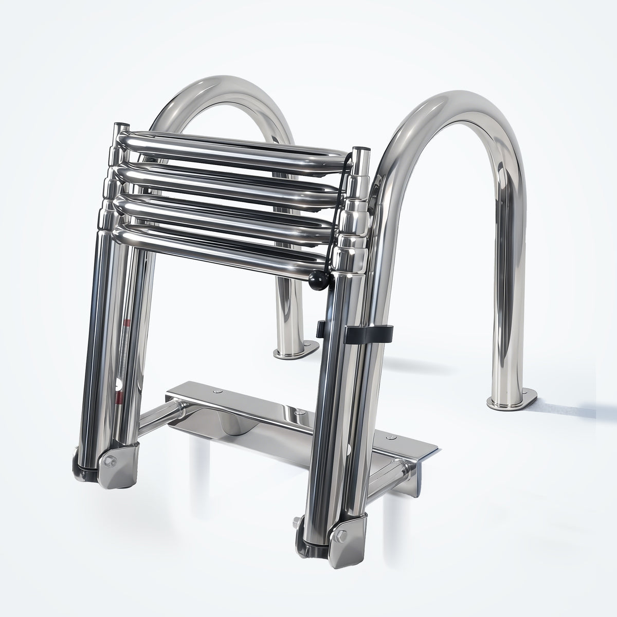 Marinexplore 4-step pontoon boat ladder in folded position on white deck surface, featuring two tall curved stainless steel handrails and collapsed telescoping step body, polished silver finish, angled overhead view.