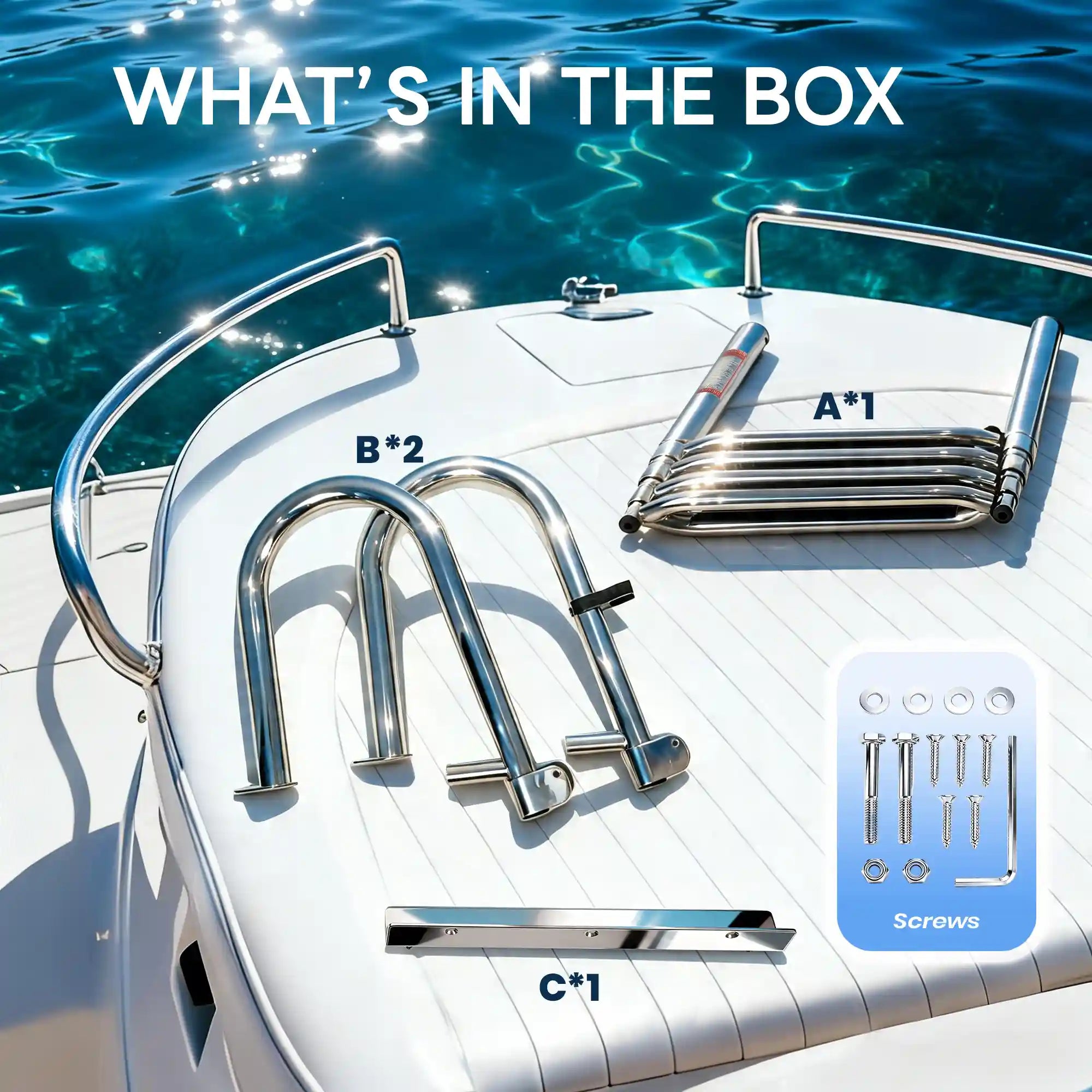 What's in the box for Marinexplore 4-step pontoon boat ladder: telescoping ladder body (A×1), two curved stainless steel handrails (B×2), bottom mounting bar (C×1), and full hardware screw kit, laid out on white yacht deck.