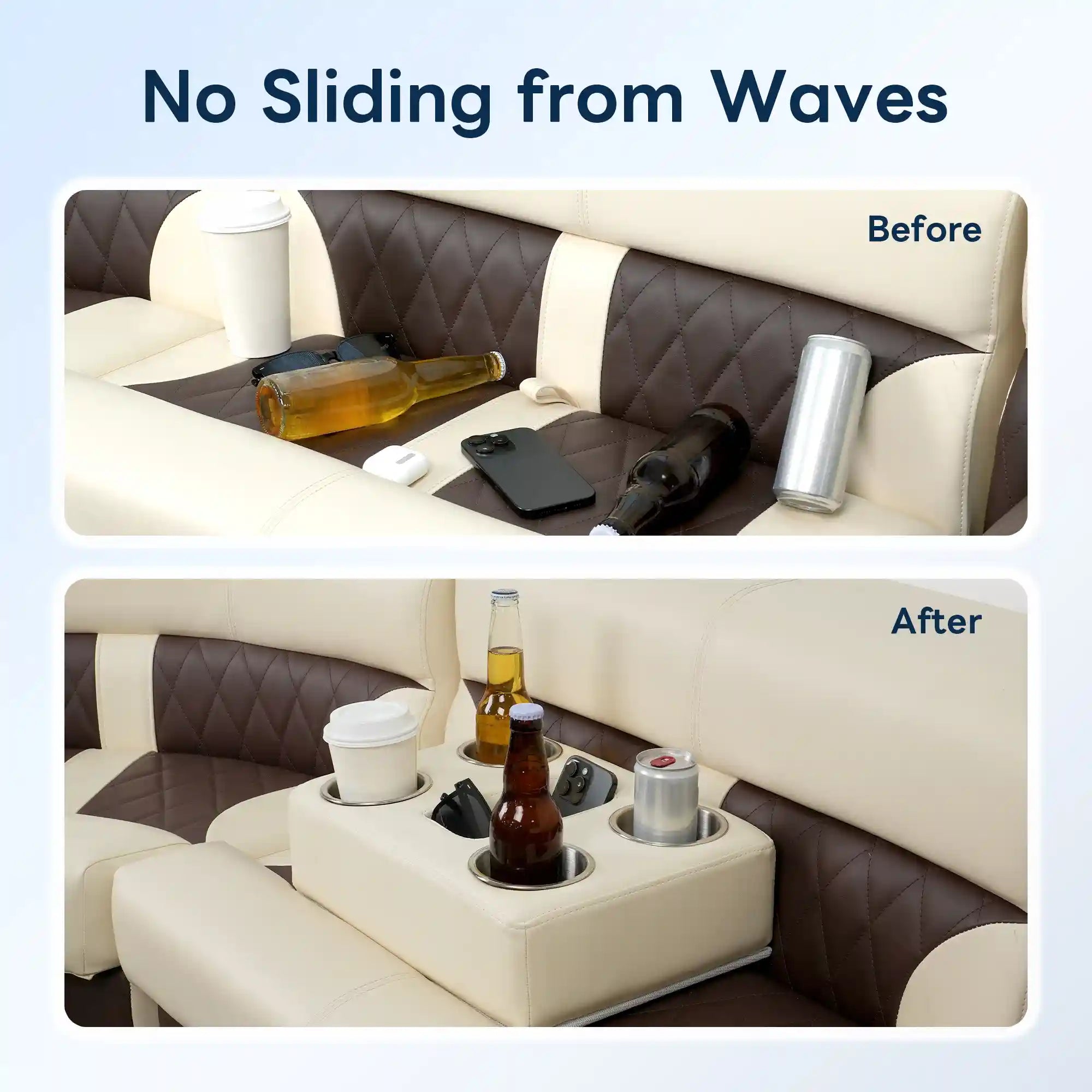 Before and after comparison for Marinexplore beige pontoon cup holder: the top before image shows drinks, bottles, a phone, and cans scattered across boat seat cushions during rough water, while the bottom after image shows all items neatly organized in the four cup holders and center storage slot placed between boat seats.