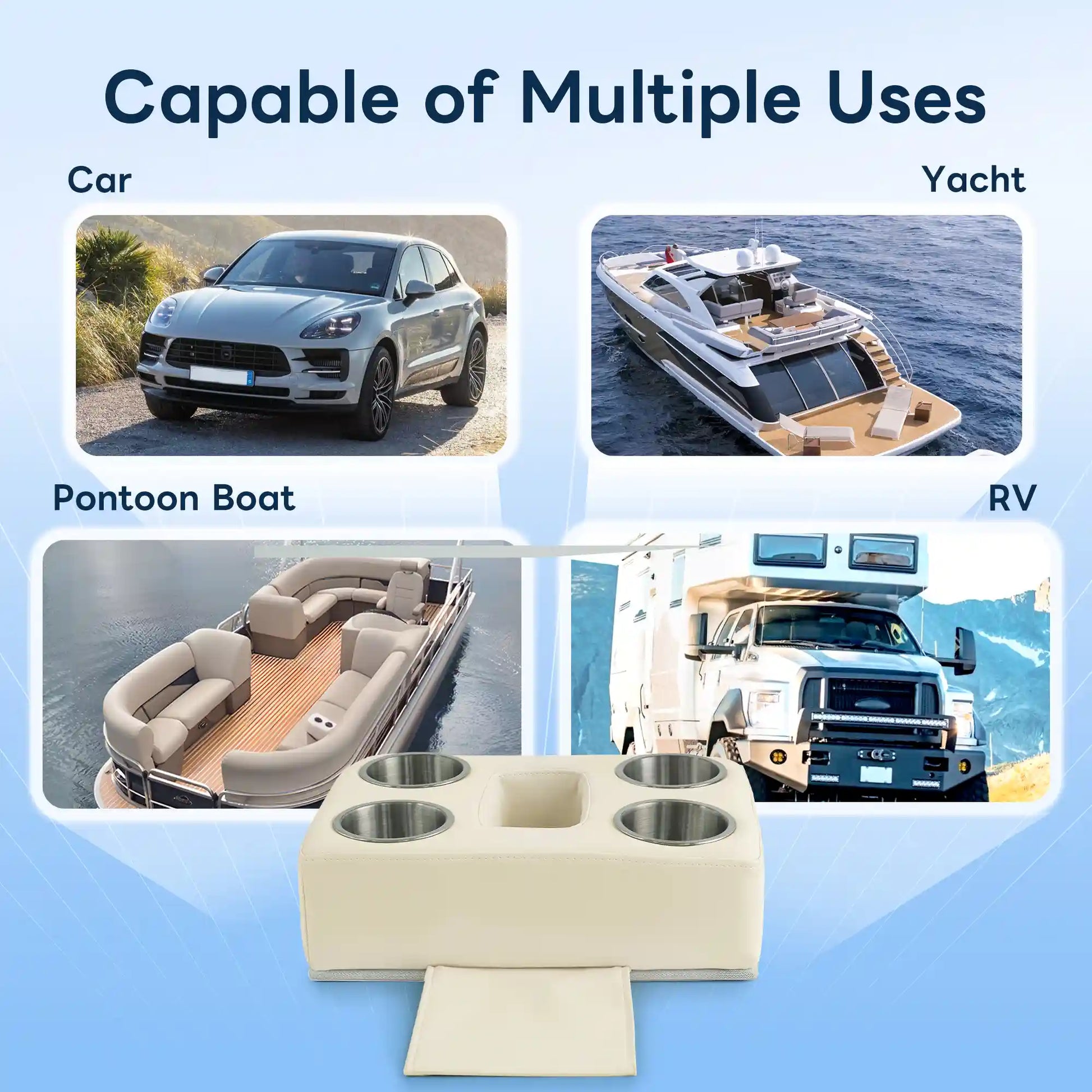 Marinexplore beige 4-cup pontoon cup holder shown at the bottom center, surrounded by four scene photos illustrating its versatile use cases: a gray SUV for car use, a large white motor yacht, an open-deck pontoon boat with wraparound seating, and a heavy-duty white RV for road trips.
