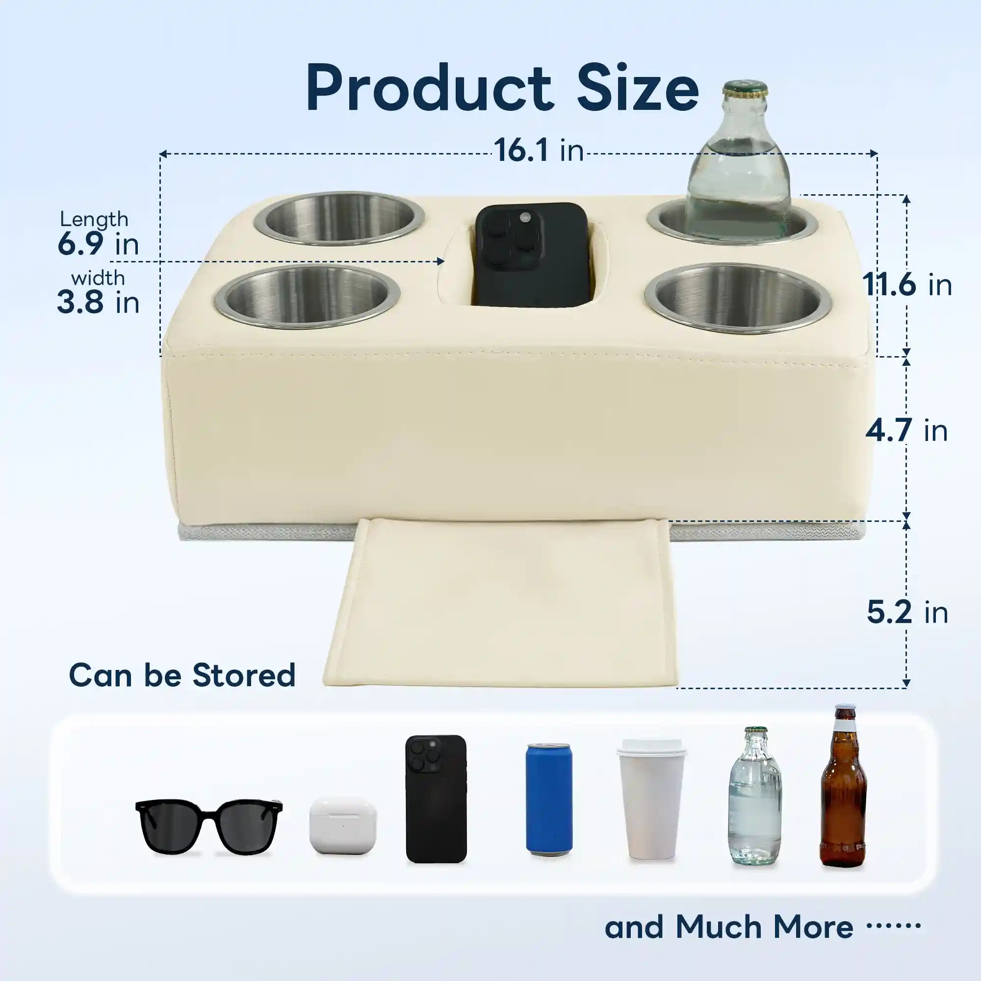 Marinexplore beige pontoon cup holder size diagram showing 16.1-inch width, 11.6-inch side height, 4.7-inch body height, and 5.2-inch base depth, with cup opening dimensions of 6.9 by 3.8 inches labeled, and a bottom panel showing compatible stored items including sunglasses, AirPods case, phone, soda can, coffee cup, water bottle, and beer bottle.