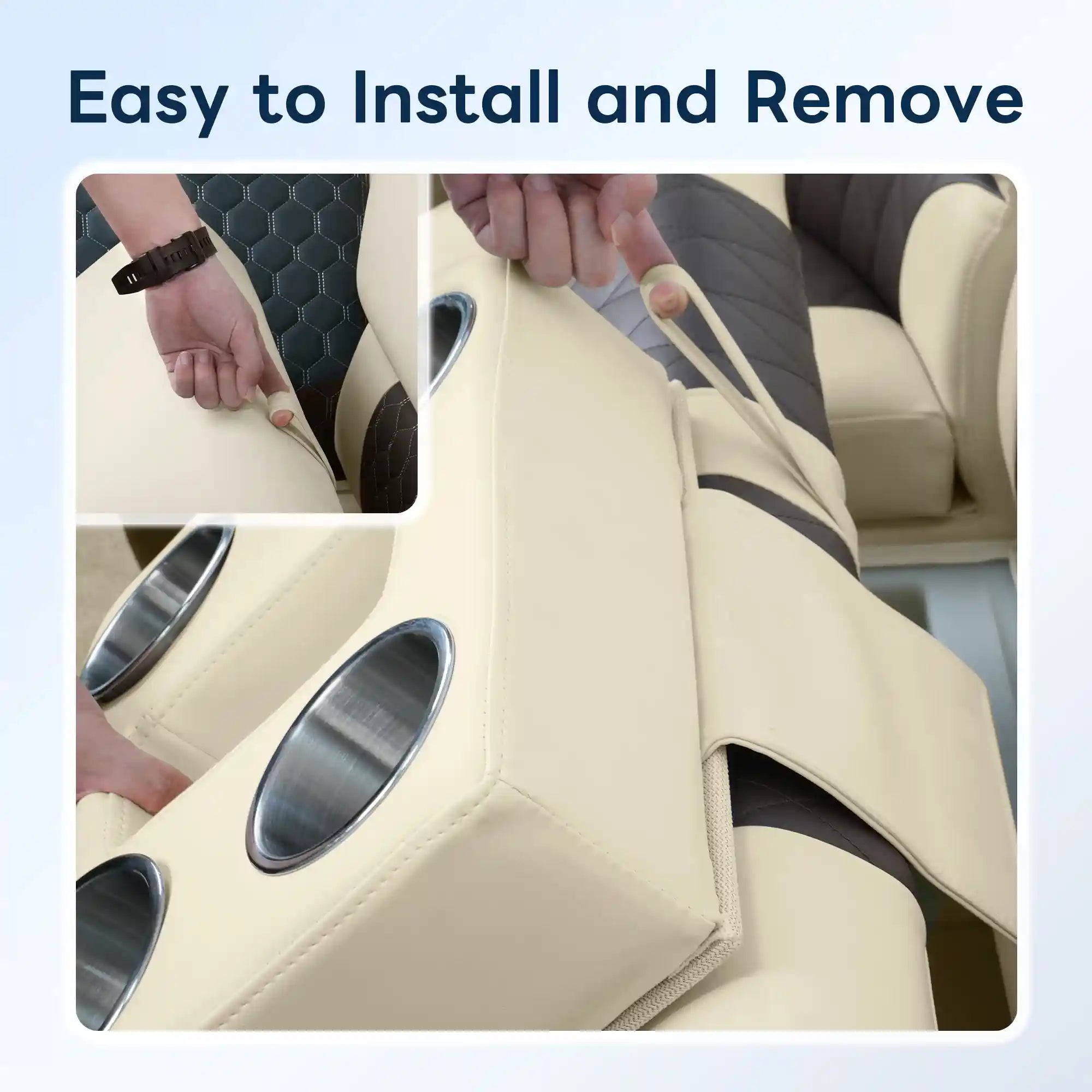 Three-panel installation demonstration for Marinexplore beige pontoon cup holder: top left shows a hand tucking the anchor strap into the boat seat gap, the large right panel shows the full cup holder wedged between gray quilted boat seats from above, and the bottom left shows a close-up of the stainless steel cup insert and clamping structure.