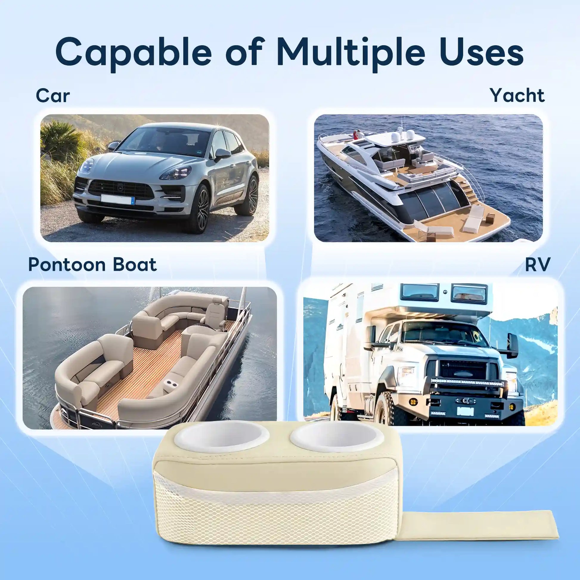 Marinexplore beige pontoon cup holder with white plastic inserts displayed at the bottom center with its anchor strap extended, surrounded by four labeled application scenes: a gray SUV crossover on a mountain road, a large white motor yacht at sea, an open-deck pontoon boat with wraparound seating on calm water, and a heavy-duty white RV truck on a scenic highway.