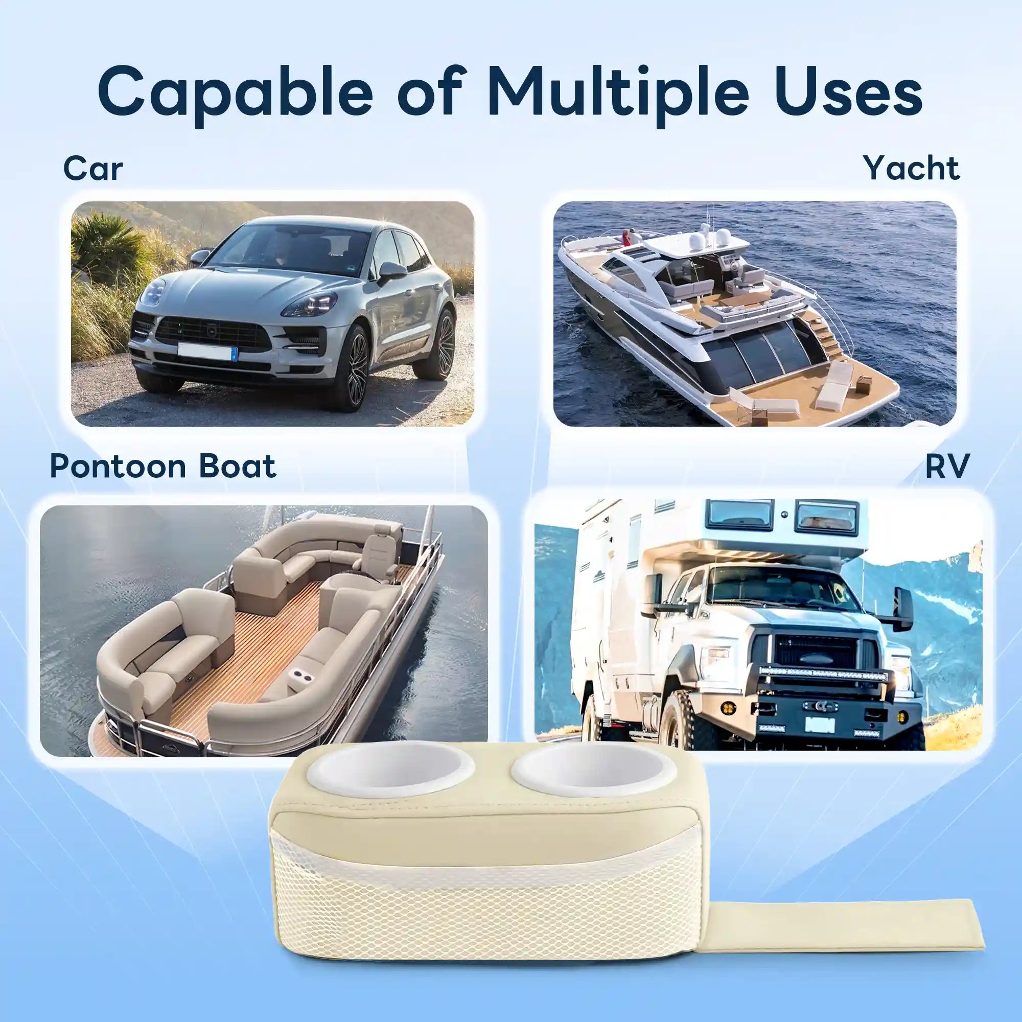 Marinexplore beige pontoon cup holder with white plastic inserts displayed at the bottom center with its anchor strap extended, surrounded by four labeled application scenes: a gray SUV crossover on a mountain road, a large white motor yacht at sea, an open-deck pontoon boat with wraparound seating on calm water, and a heavy-duty white RV truck on a scenic highway.