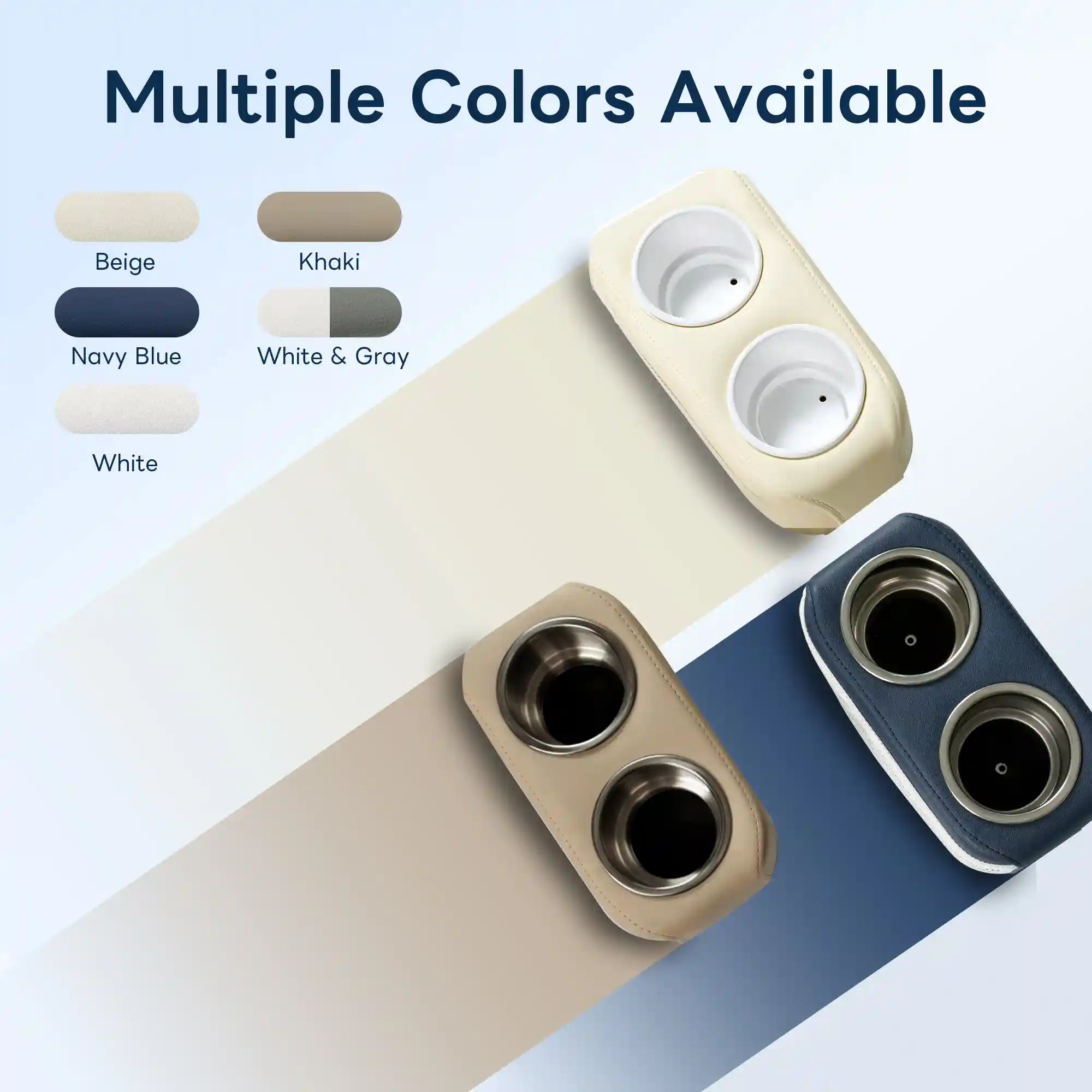 Marinexplore pontoon cup holder color selection showing five color swatches on the left including beige, khaki, navy blue, white and gray, and white, alongside three overhead product shots displaying the beige version with white plastic cup inserts at top, the khaki version with stainless steel inserts at bottom left, and the navy blue version with stainless steel inserts at bottom right.