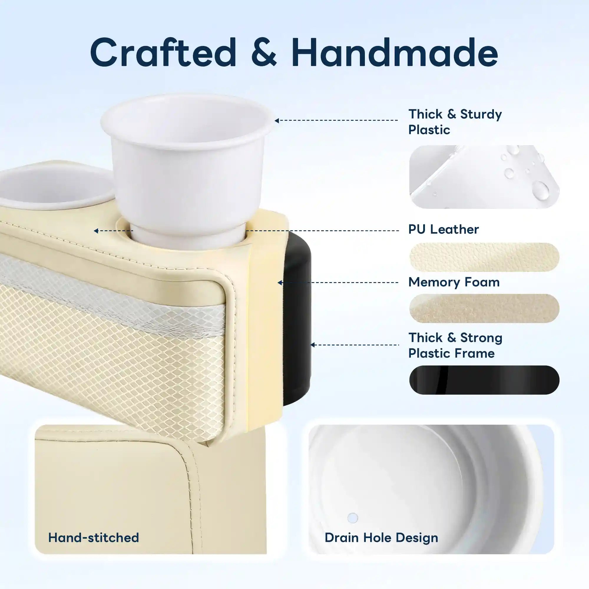 Marinexplore pontoon cup holder craftsmanship detail showing a white ABS plastic cup insert prominently, with right-side callouts for thick and sturdy plastic cup material, PU leather exterior, memory foam padding, and strong plastic frame, plus two inset images highlighting hand-stitched leather corner seams and a drain hole at the base of the white plastic cup insert.