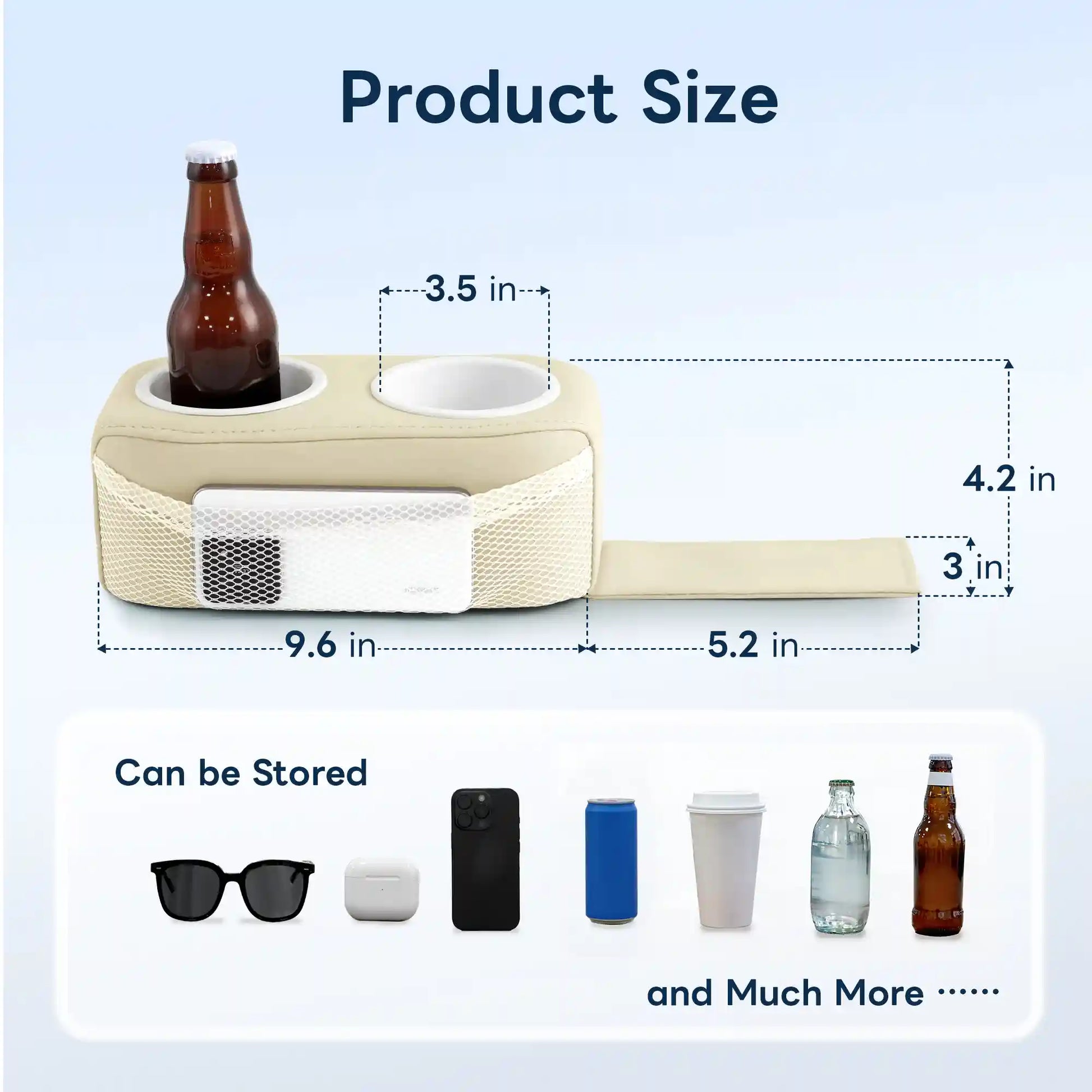 Product size diagram of Marinexplore beige pontoon cup holder with a brown beer bottle in the left white plastic insert, labeled measurements showing 3.5-inch cup opening diameter, 9.6-inch body width, 5.2-inch strap length, 4.2-inch height, and 3-inch strap thickness, plus a lower panel listing compatible stored items including sunglasses, AirPods case, phone, soda can, coffee cup, water bottle, and beer bottle.