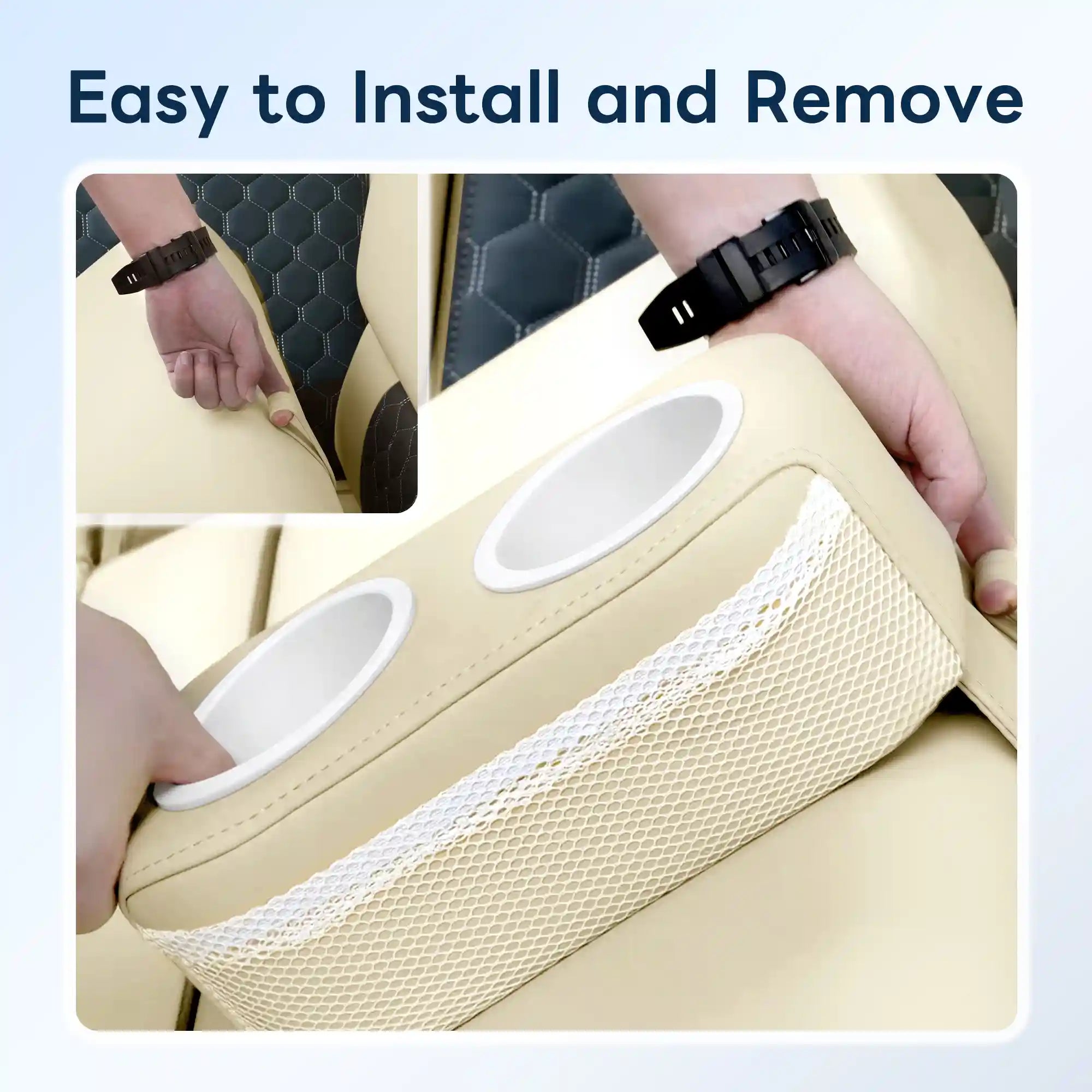 Three-step installation guide for Marinexplore beige pontoon cup holder: top left shows a hand feeding the anchor strap into a gap between gray hexagon-stitched boat seats, top right shows another hand pressing the holder body to lock it in place, and the large bottom panel shows a front-facing overhead view of the beige holder wedged between light yellow leather boat seats with two white plastic cup inserts and mesh pocket visible.