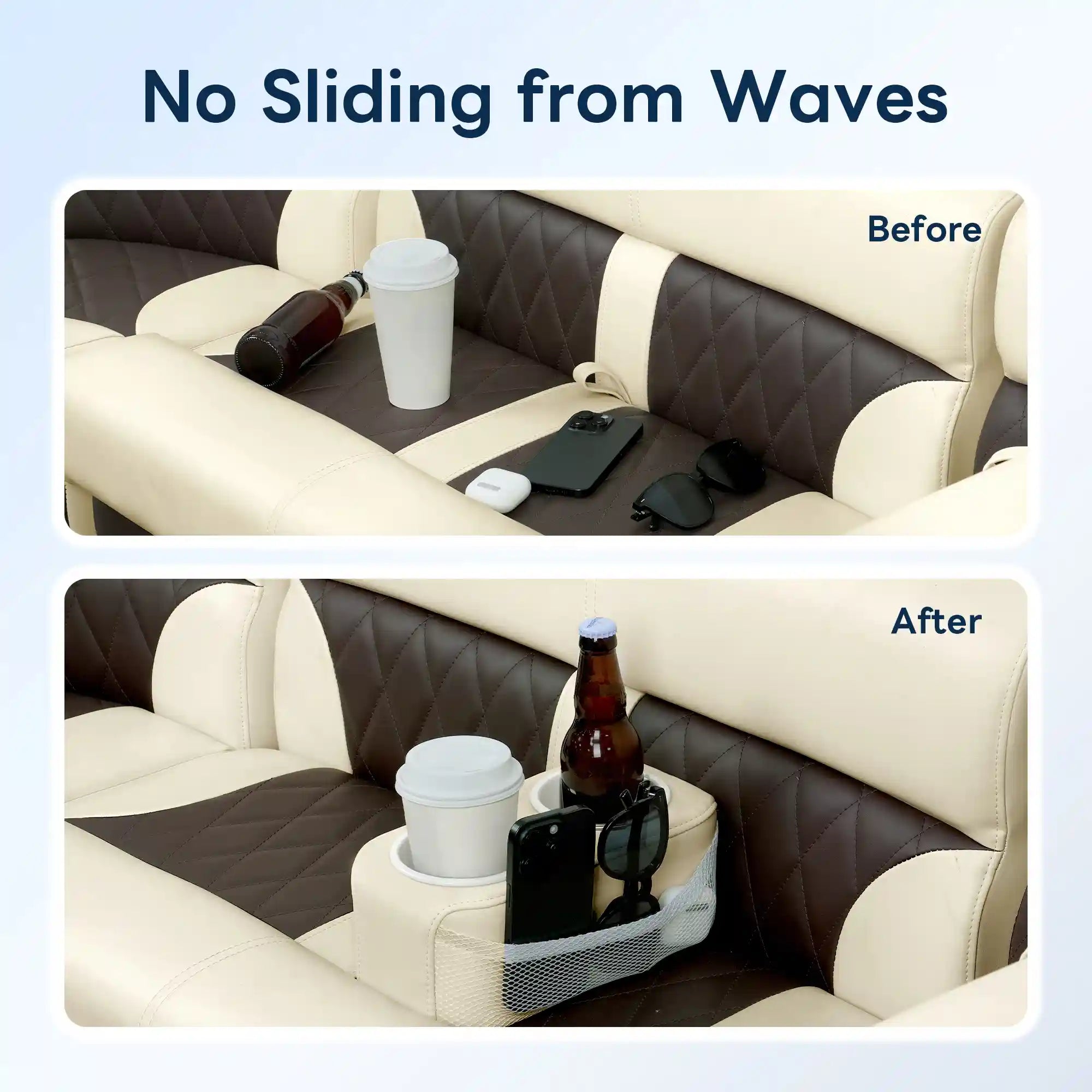 Before and after wave stability comparison for Marinexplore pontoon cup holder: the top before panel shows a coffee cup, dark bottle, phone, AirPods, and sunglasses scattered loosely across diamond-quilted brown and white boat seat cushions, while the bottom after panel shows the beige cup holder wedged at the seat end with drinks upright in white plastic inserts and accessories organized in the side mesh pocket.
