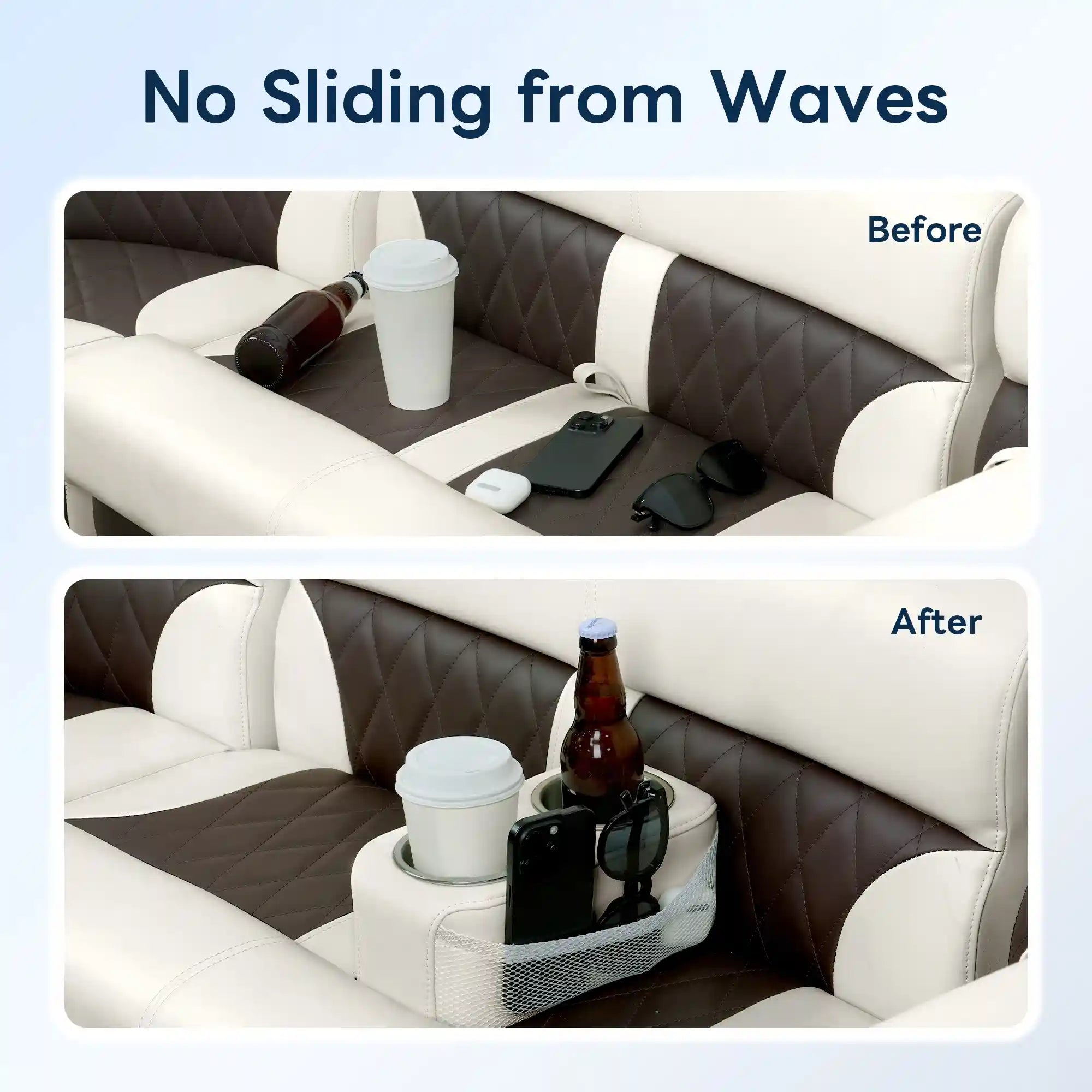 Before and after comparison showing the Marinexplore pontoon cup holder in use: the top before image shows a coffee cup, beer bottle, phone, AirPods case, and sunglasses scattered across brown and white quilted boat seat cushions, while the bottom after image shows the white cup holder wedged at the seat arm with drinks secured upright and accessories stored in the side mesh pocket.