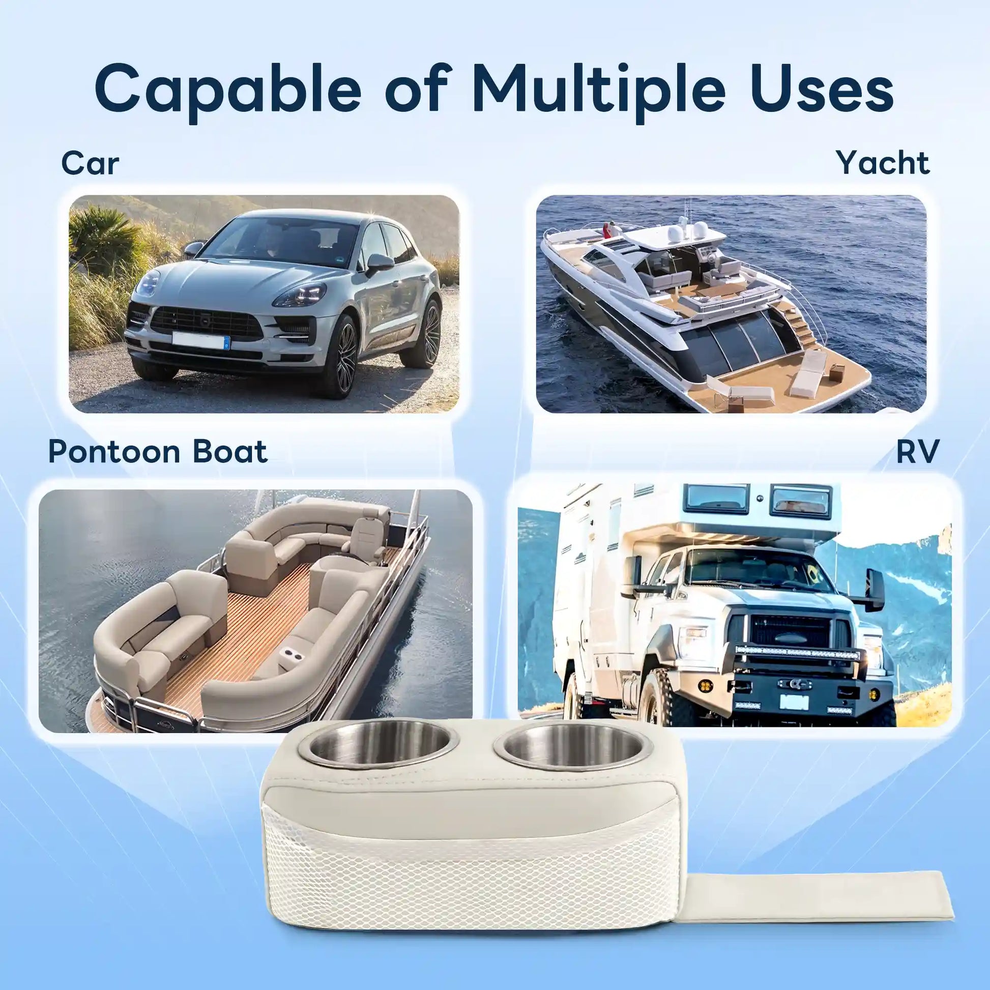 Marinexplore pontoon cup holder shown at the bottom center with its anchor strap extended, surrounded by four labeled application scene photos: a gray SUV crossover for car use, a large white motor yacht cruising at sea, an open-deck pontoon boat with bench seating, and a heavy-duty white RV truck for road trips.