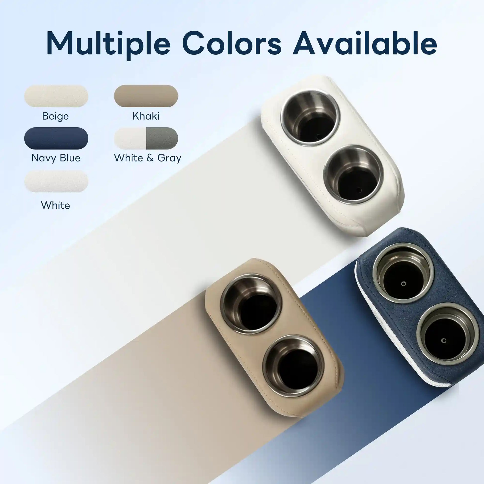 Marinexplore pontoon cup holder color selection chart showing five available color swatches on the left including beige, khaki, navy blue, white and gray, and white, alongside three overhead product photos on the right displaying the white, khaki, and navy blue versions with dual stainless steel cup inserts visible from above.