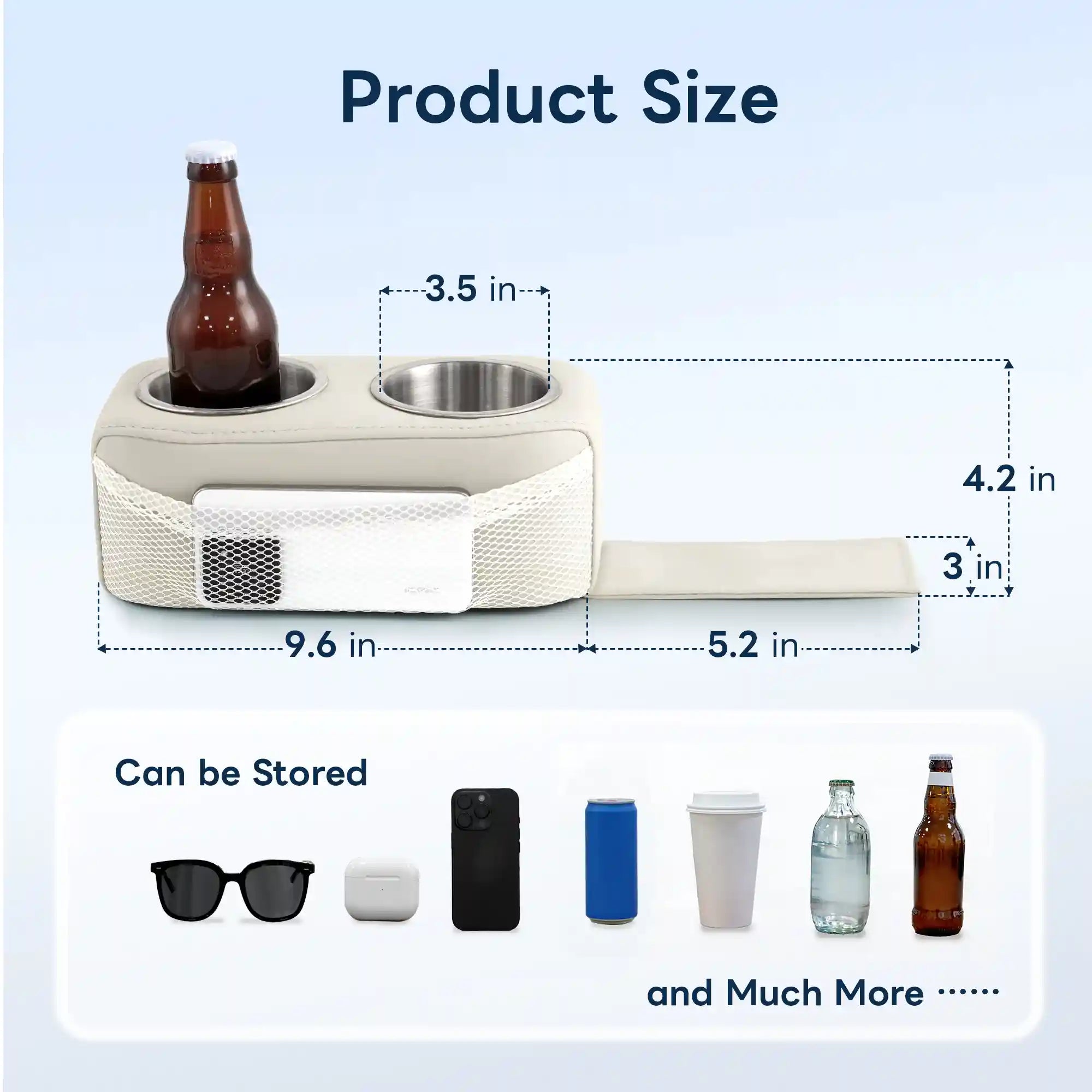 Marinexplore pontoon cup holder size diagram with a brown beer bottle placed in the right stainless steel insert, showing measurements of 3.5-inch cup opening diameter, 9.6-inch body width, 5.2-inch strap length, 4.2-inch product height, and 3-inch strap thickness, with a lower panel listing compatible stored items including sunglasses, AirPods case, phone, soda can, coffee cup, water bottle, and beer bottle.