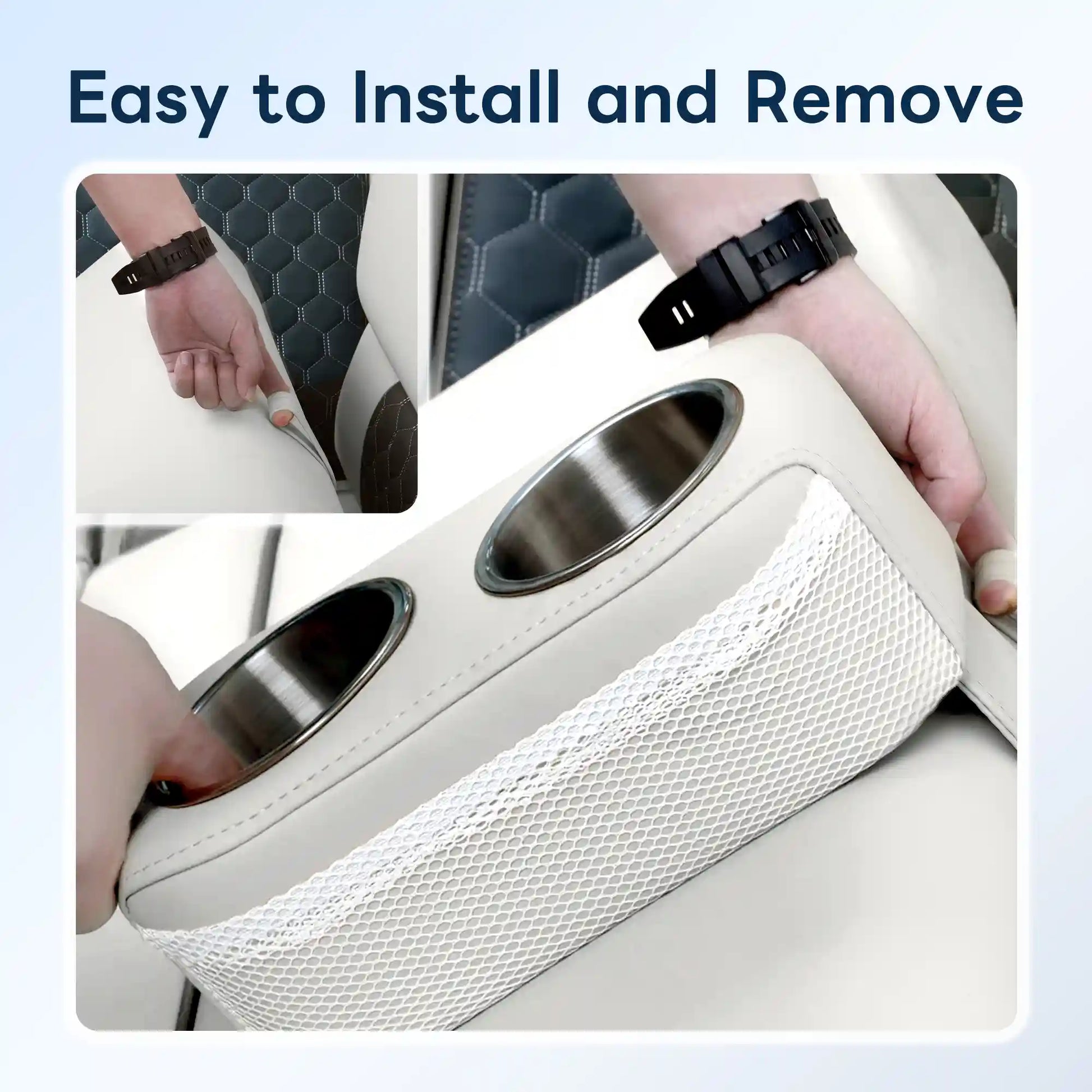 Three-panel installation demonstration for Marinexplore pontoon cup holder: top left shows a hand sliding the anchor strap into the gap of a gray hexagon-pattern boat seat, top right shows a hand gripping the holder body to push it into position, and the bottom large panel shows a top-down view of the white cup holder securely wedged between white boat seat cushions with two stainless steel inserts and mesh pocket clearly visible.